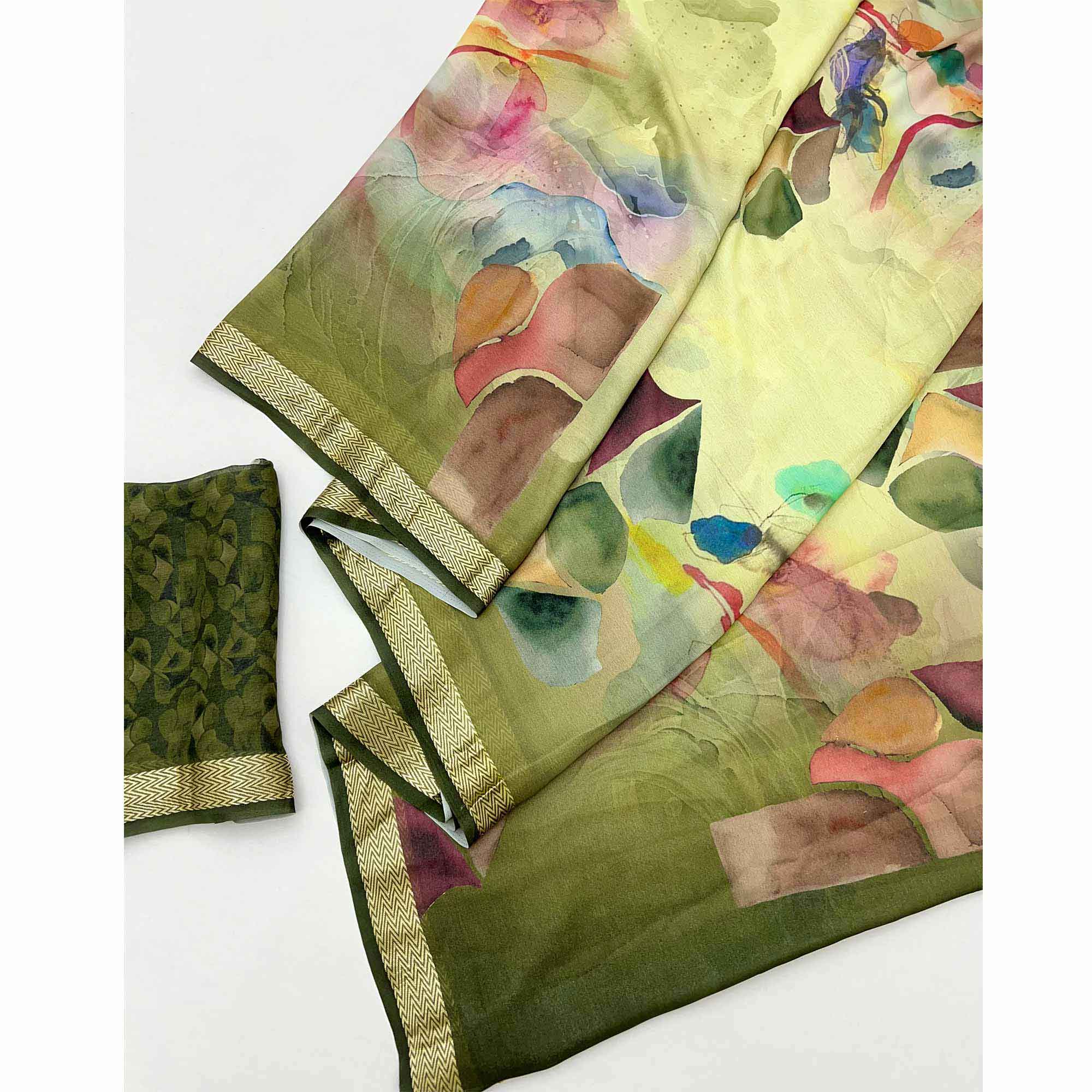 Graceful Green Georgette Saree Accented With Digital Prints & Viscose Border Finish