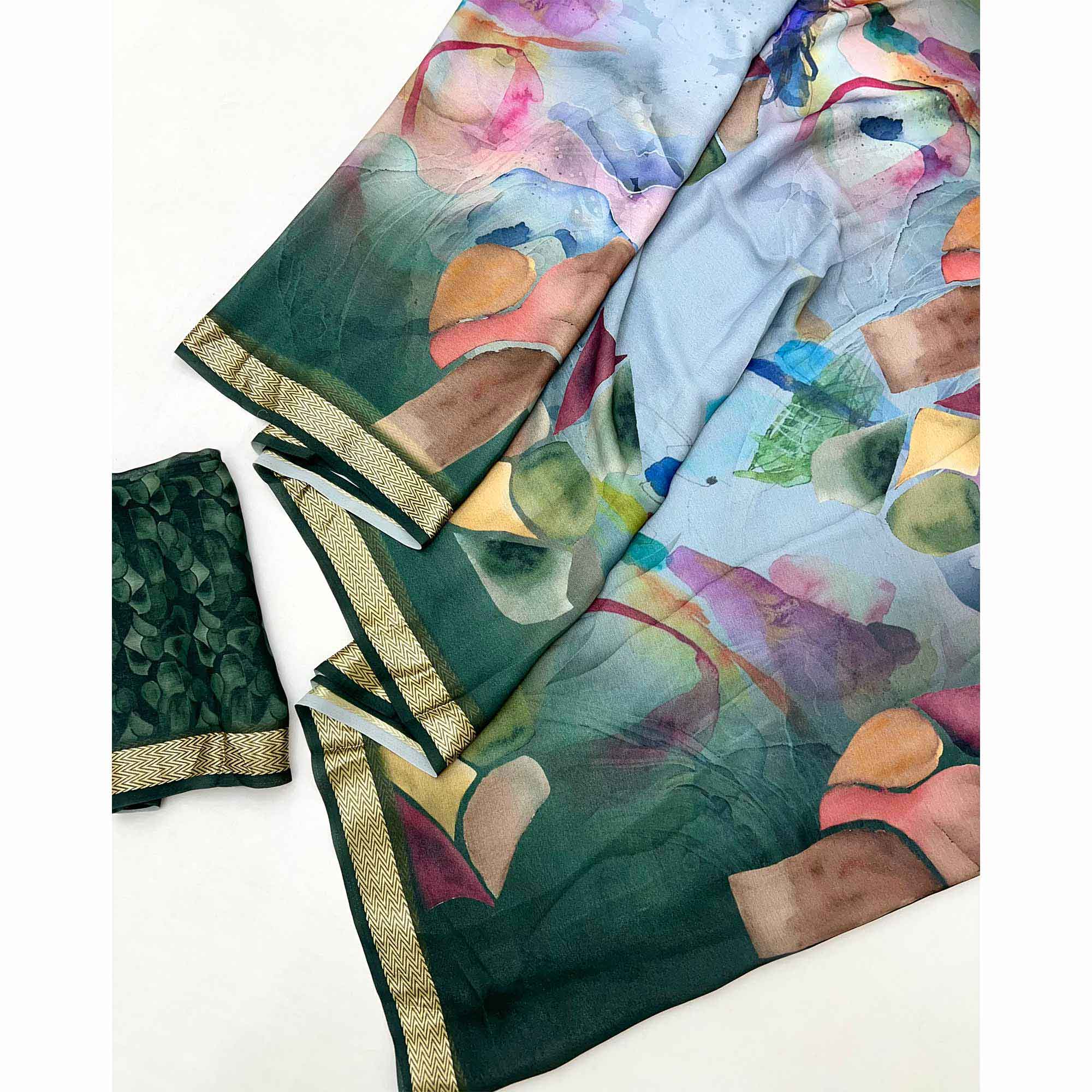 Graceful Dark Green Georgette Saree Accented With Digital Prints & Viscose Border Finish