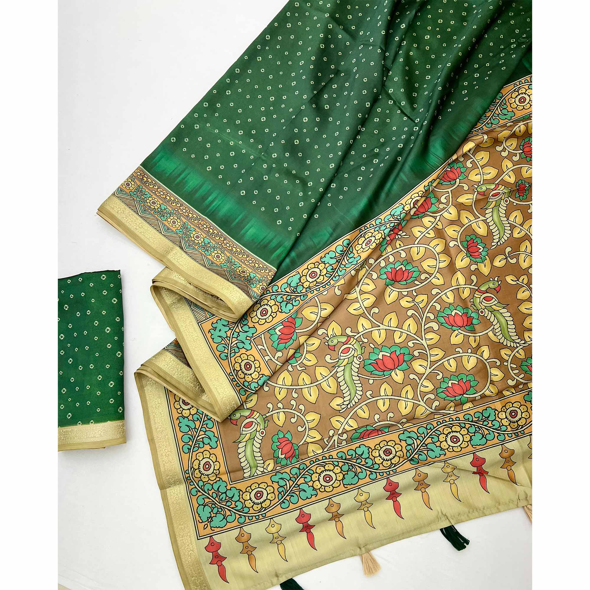 Green Traditional Bandhani & Floral Digital Printed Art Silk Saree With Peacock Motif Pallu