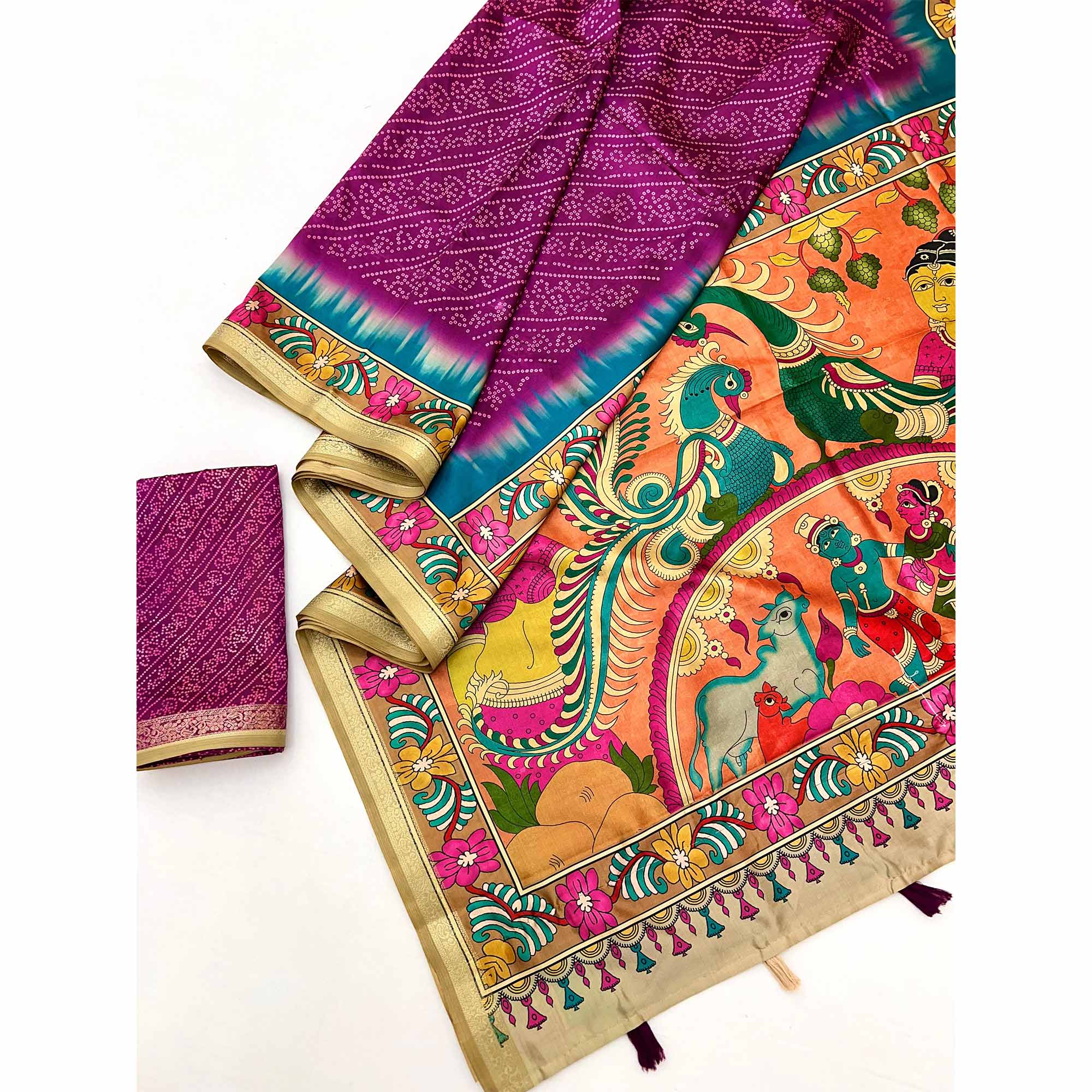 Purple Traditional Bandhani & Floral Digital Printed Art Silk Saree With Peacock Motif Pallu