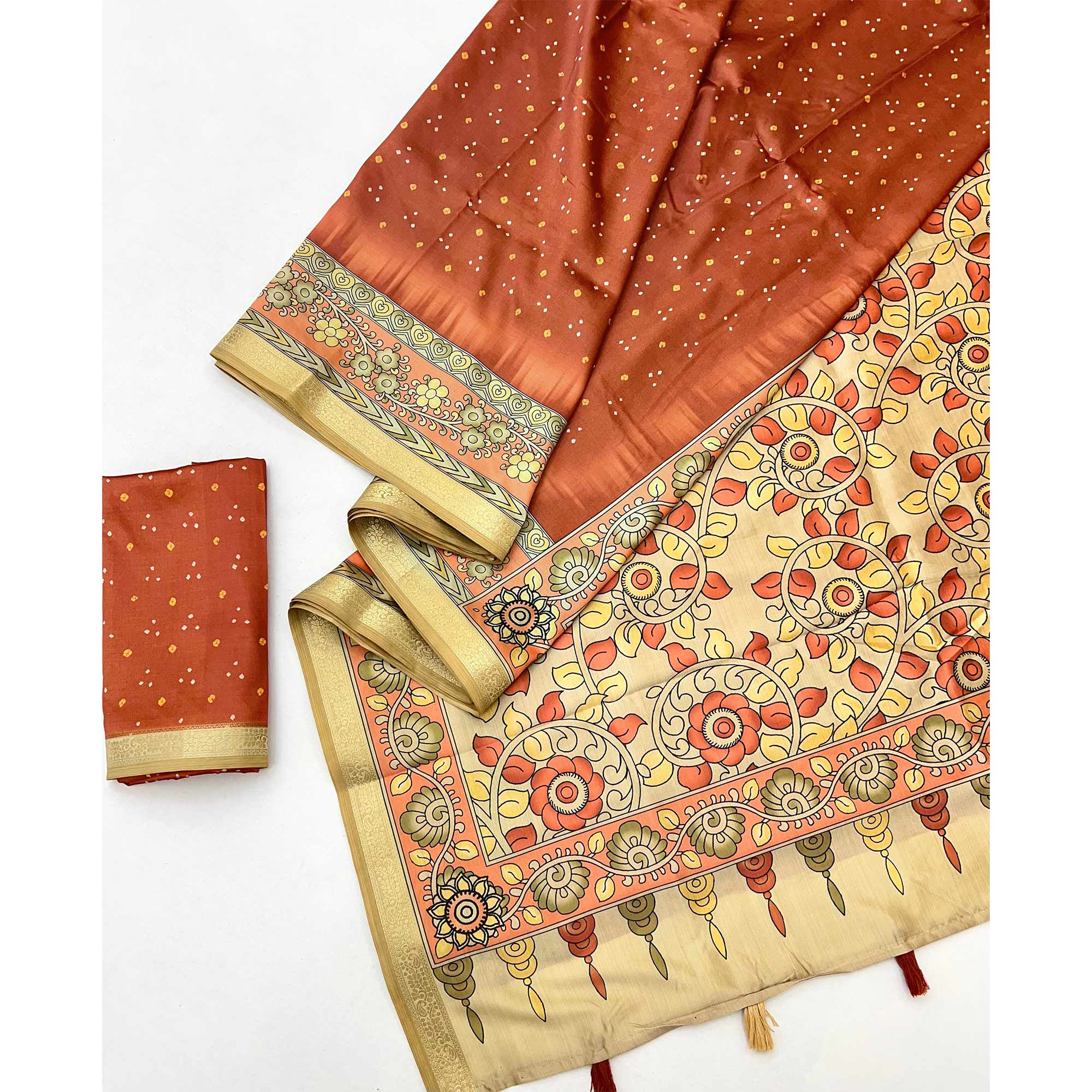 Rust Traditional Bandhani & Floral Digital Printed Art Silk Saree With Tassel Pallu