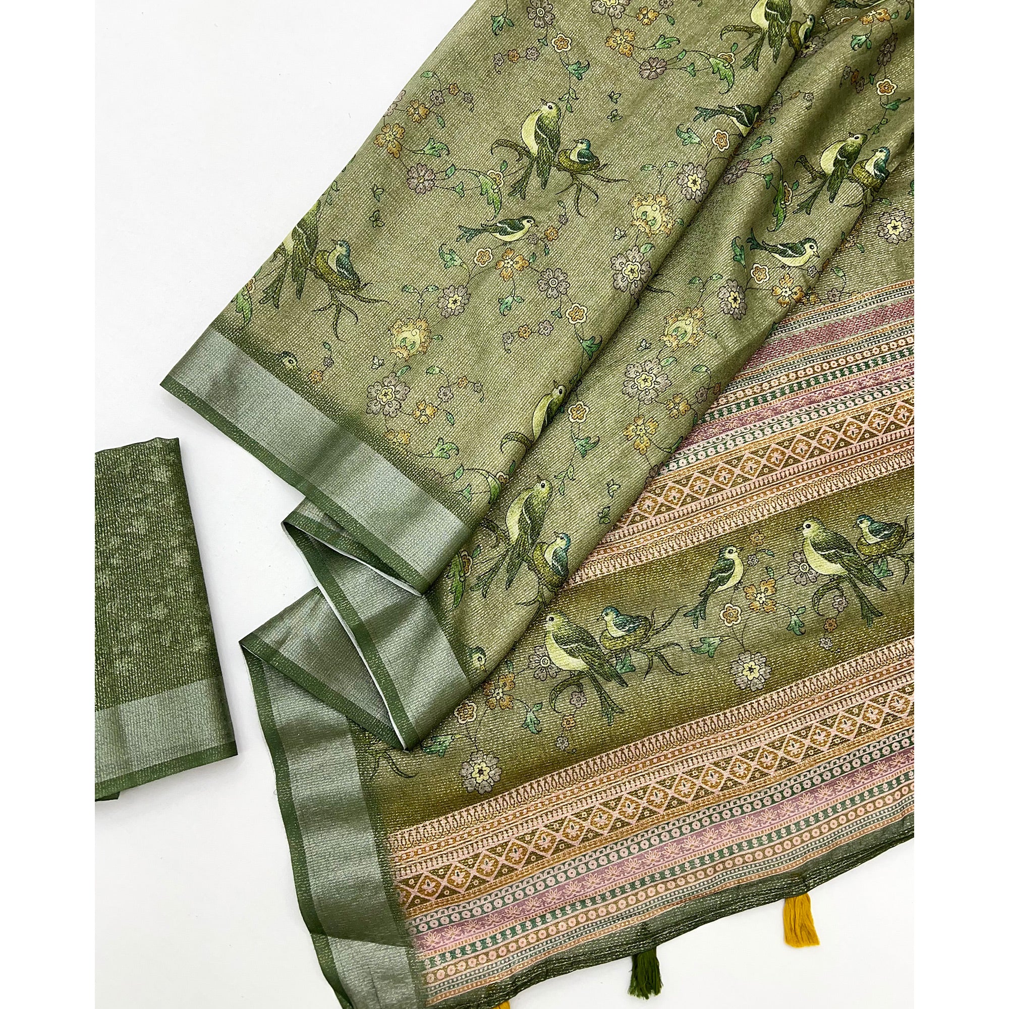Green Floral Digital Printed Cotton Blend Weaving Zari Saree With Tassel Pallu