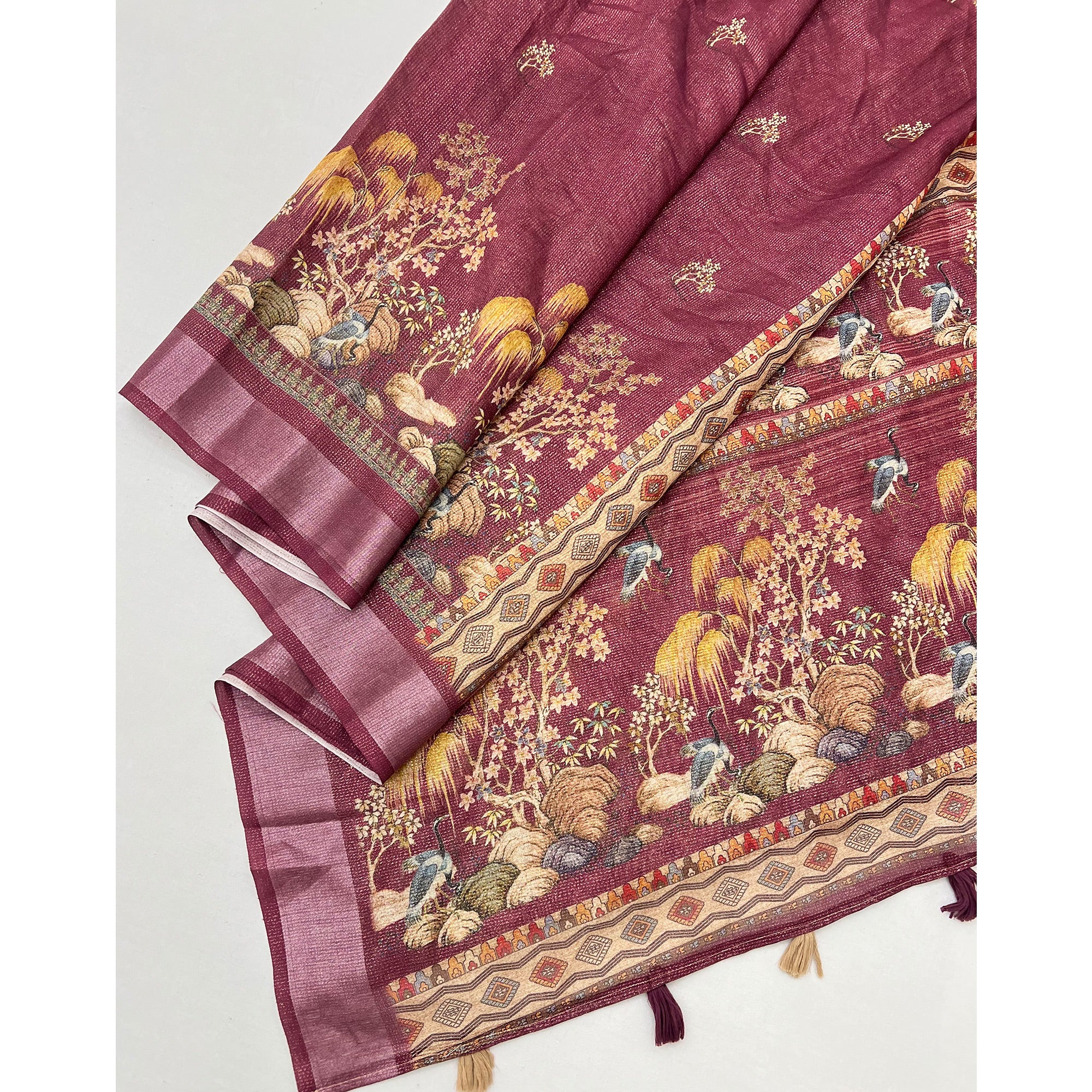 Wine Floral Digital Printed Cotton Blend Weaving Zari Saree With Tassel Pallu