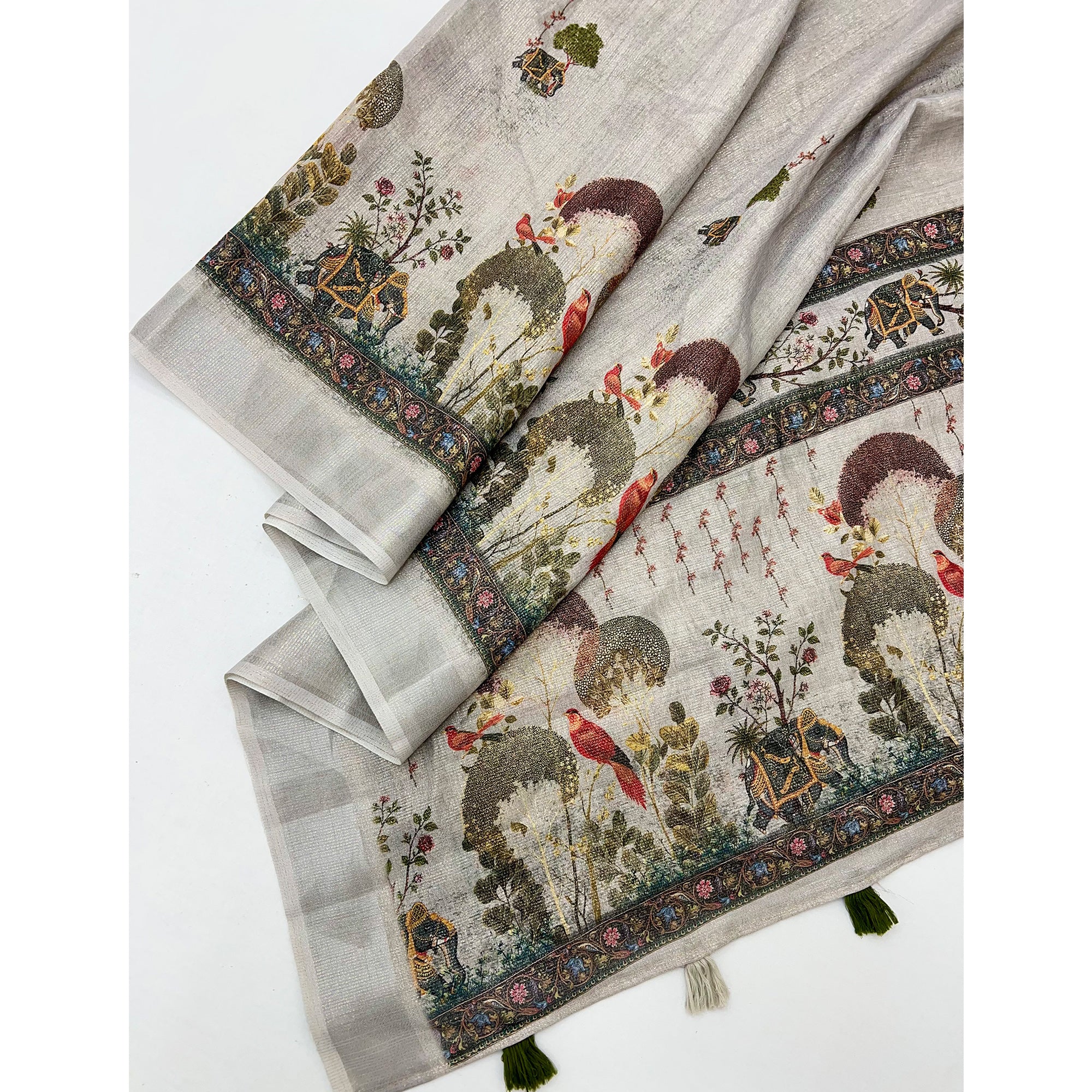 Silver Grey Floral Digital Printed Cotton Blend Weaving Zari Saree With Tassel Pallu
