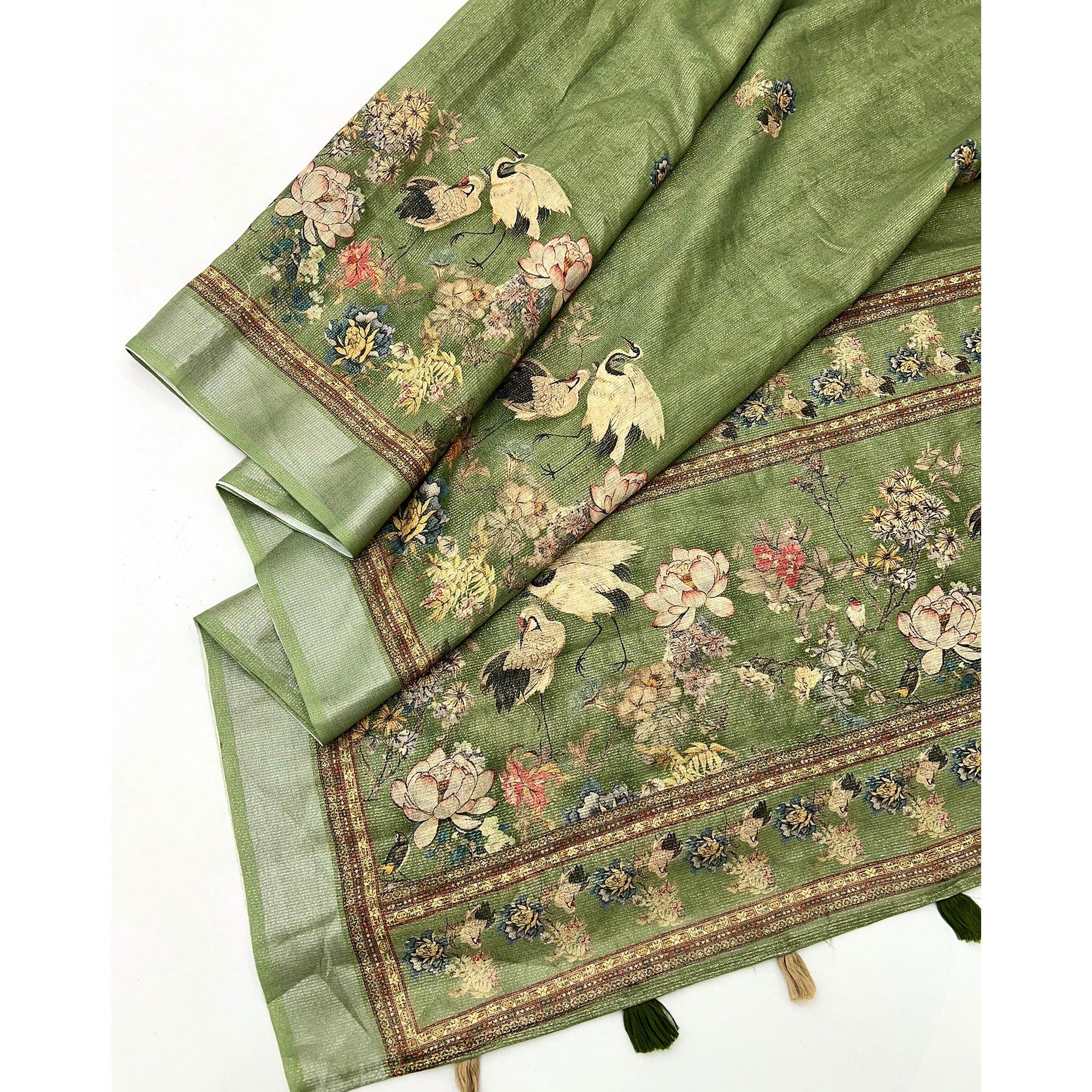 Green Floral Digital Printed Cotton Blend Weaving Zari Saree With Tassel Pallu