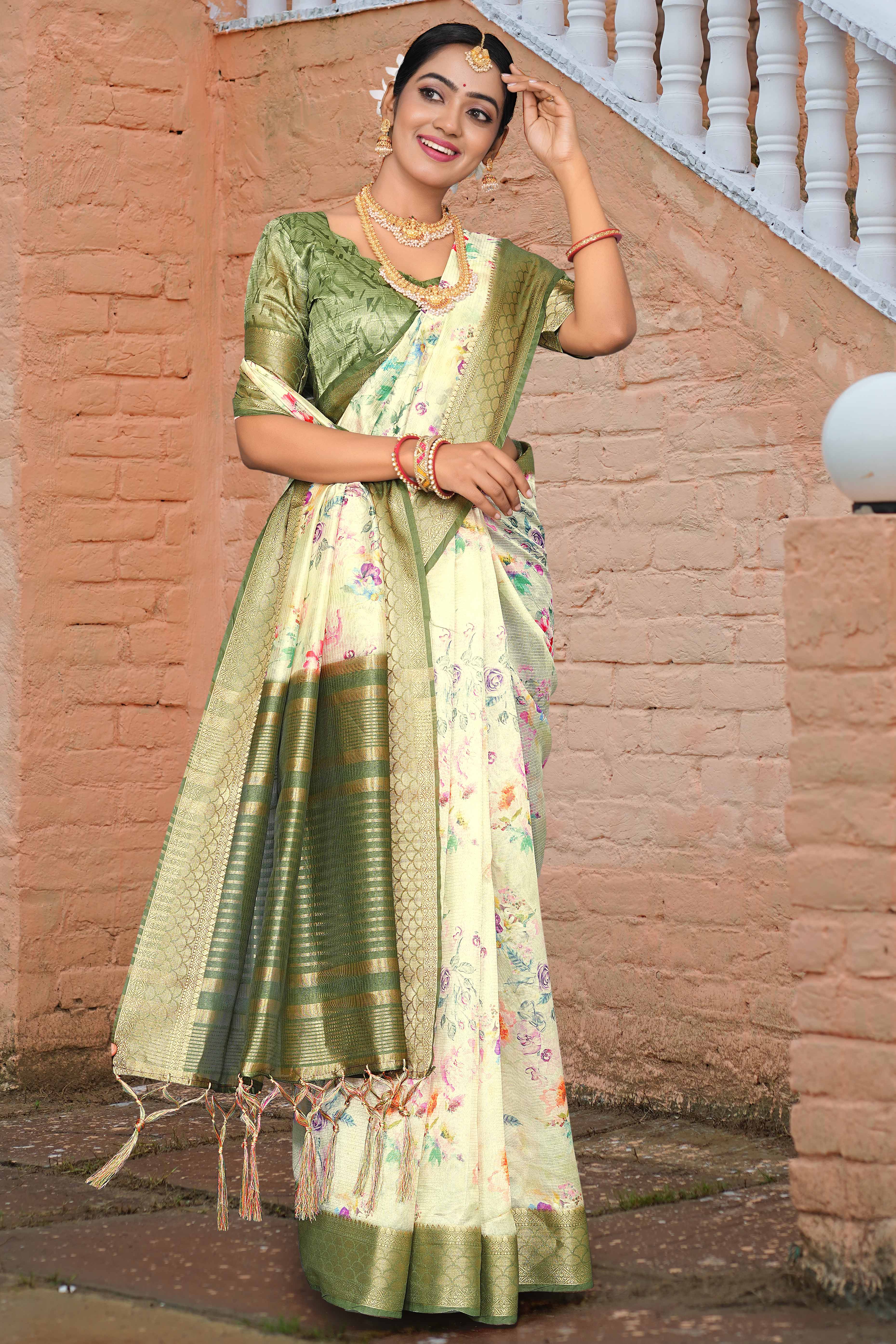 Pista Green Floral Digital Printed Silk Blend Saree With Intricate Weaving Border & Tassel Pallu