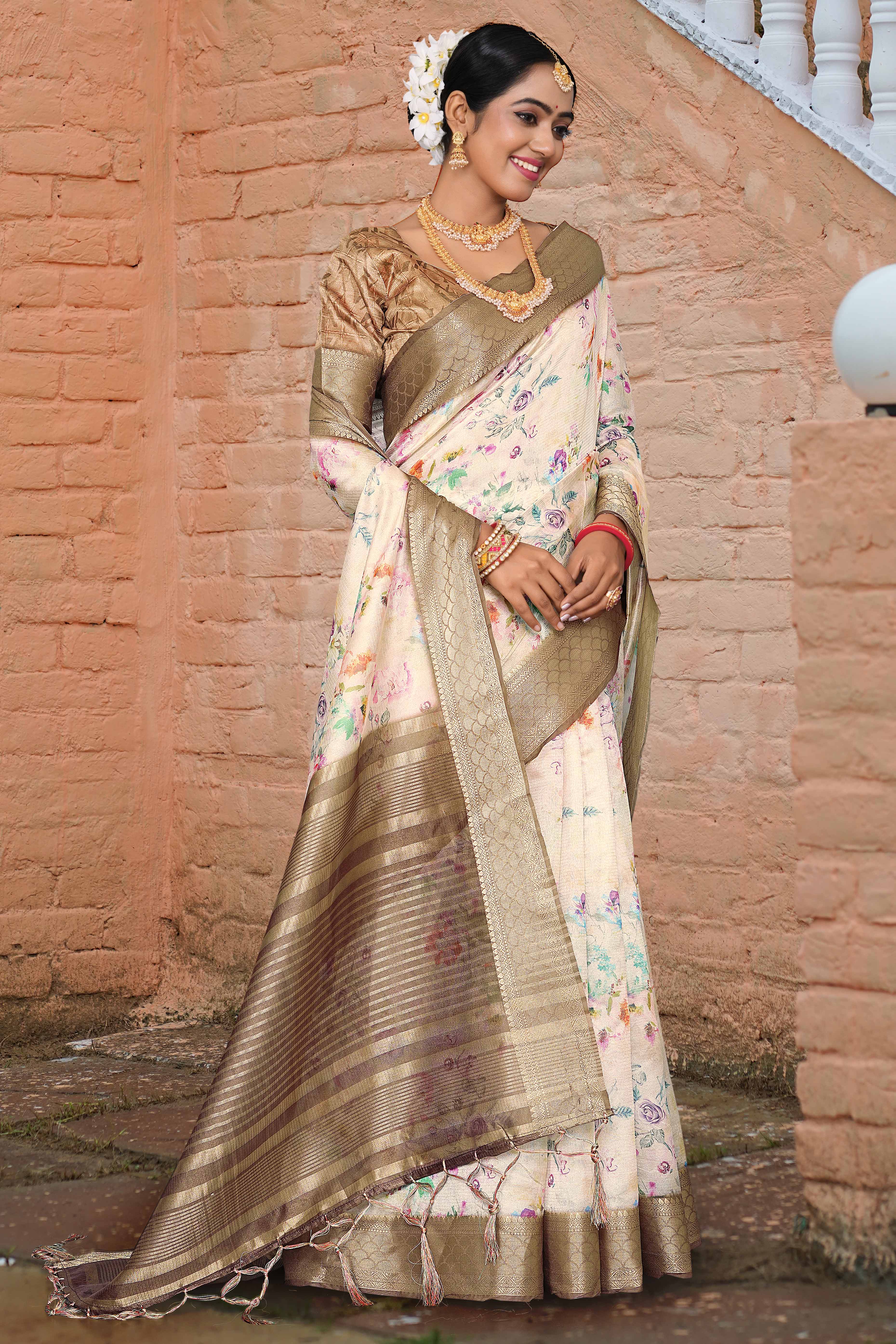 Light Peach Floral Digital Printed Silk Blend Saree With Intricate Weaving Border & Tassel Pallu