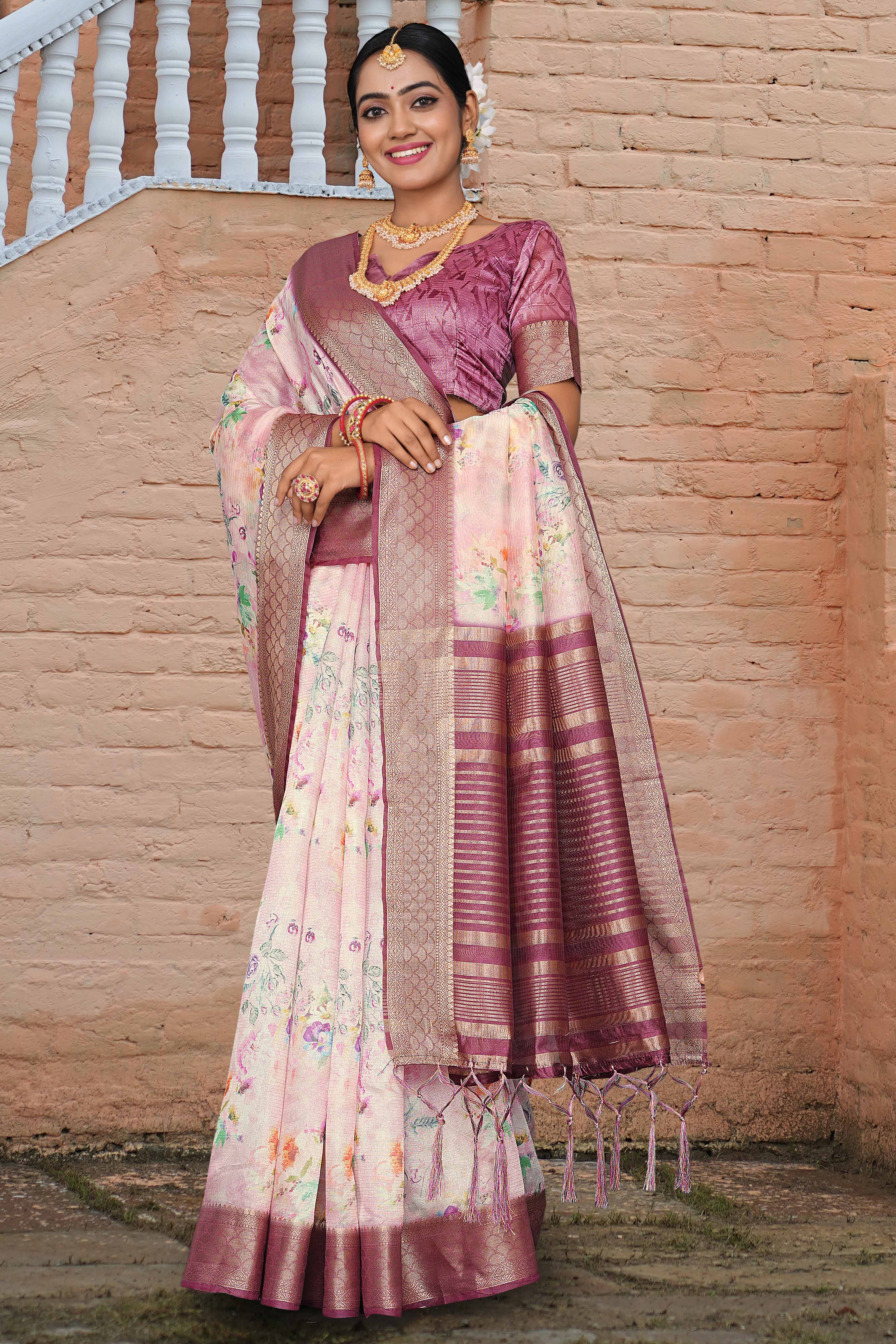 Pastel Pink Floral Digital Printed Silk Blend Saree With Intricate Weaving Border & Tassel Pallu