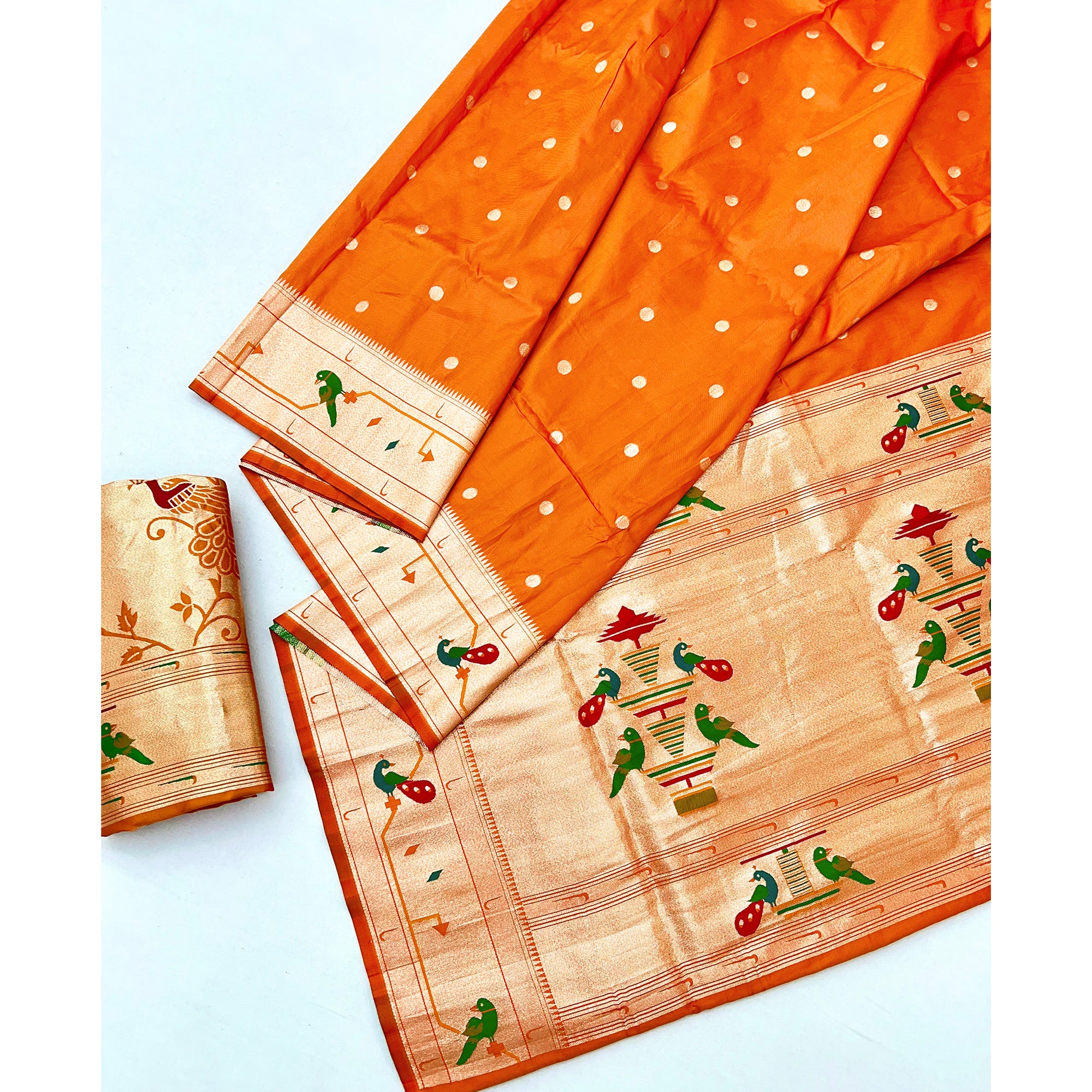 Orange Floral Zari Weaving Work Silk Blend Paithani Saree With Traditional Charm