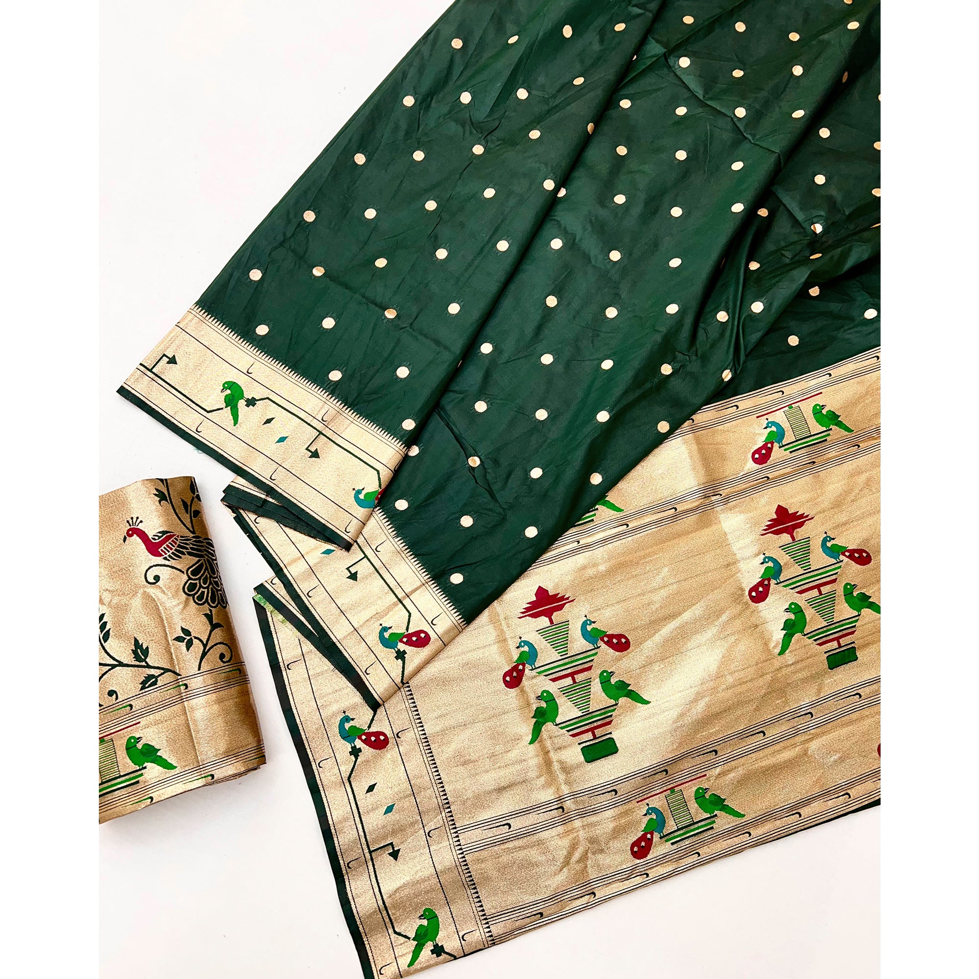 Bottle Green Floral Zari Weaving Work Silk Blend Paithani Saree With Traditional Charm
