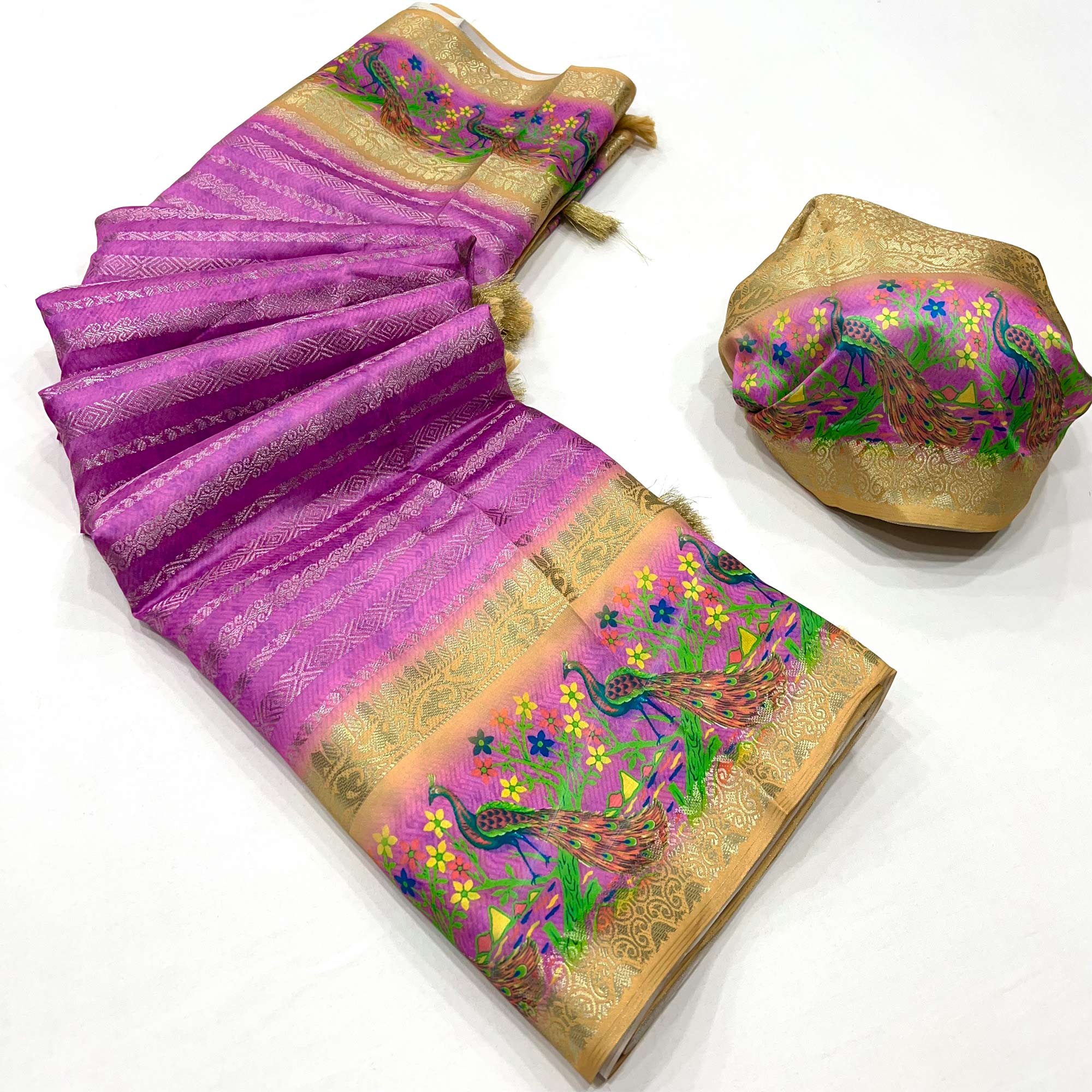 Purple Woven With Digital Printed Raw Silk Saree