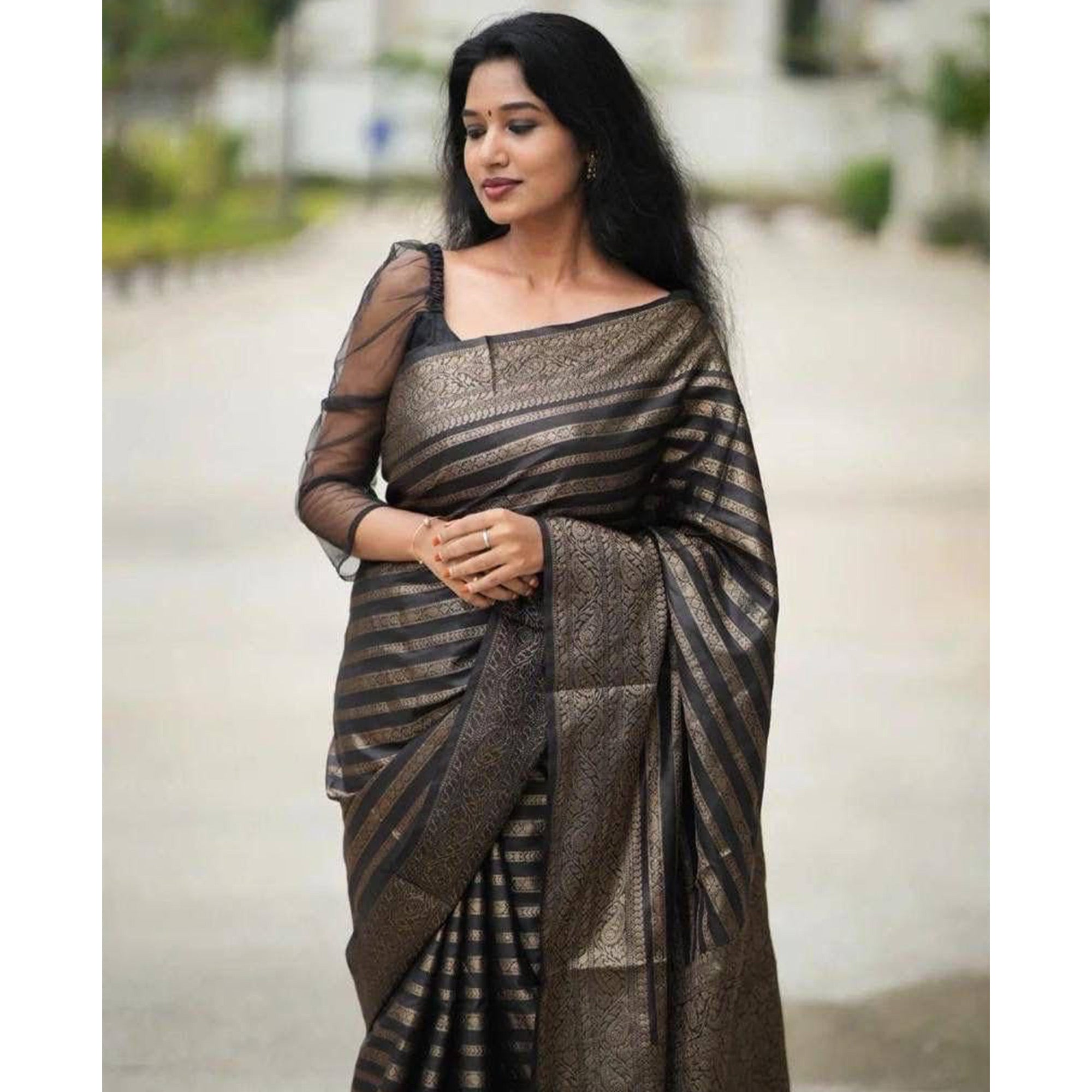 Black Woven Banarasi Silk Saree with Tassels