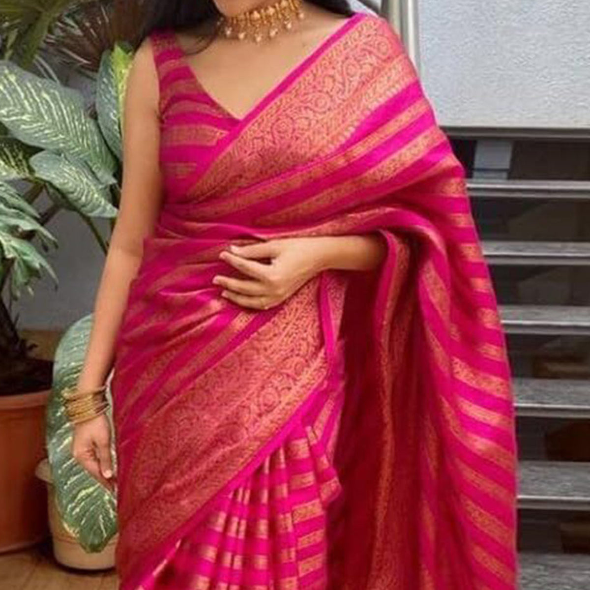 Pink Woven Banarasi Silk Saree with Tassels