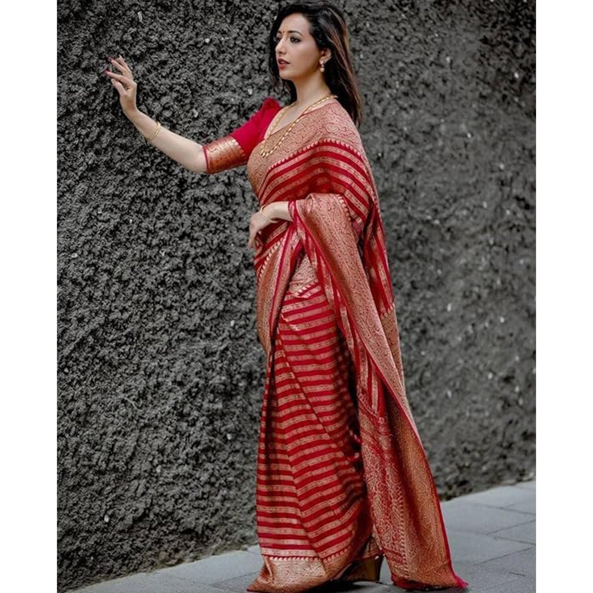 Red Woven Banarasi Silk Saree with Tassels