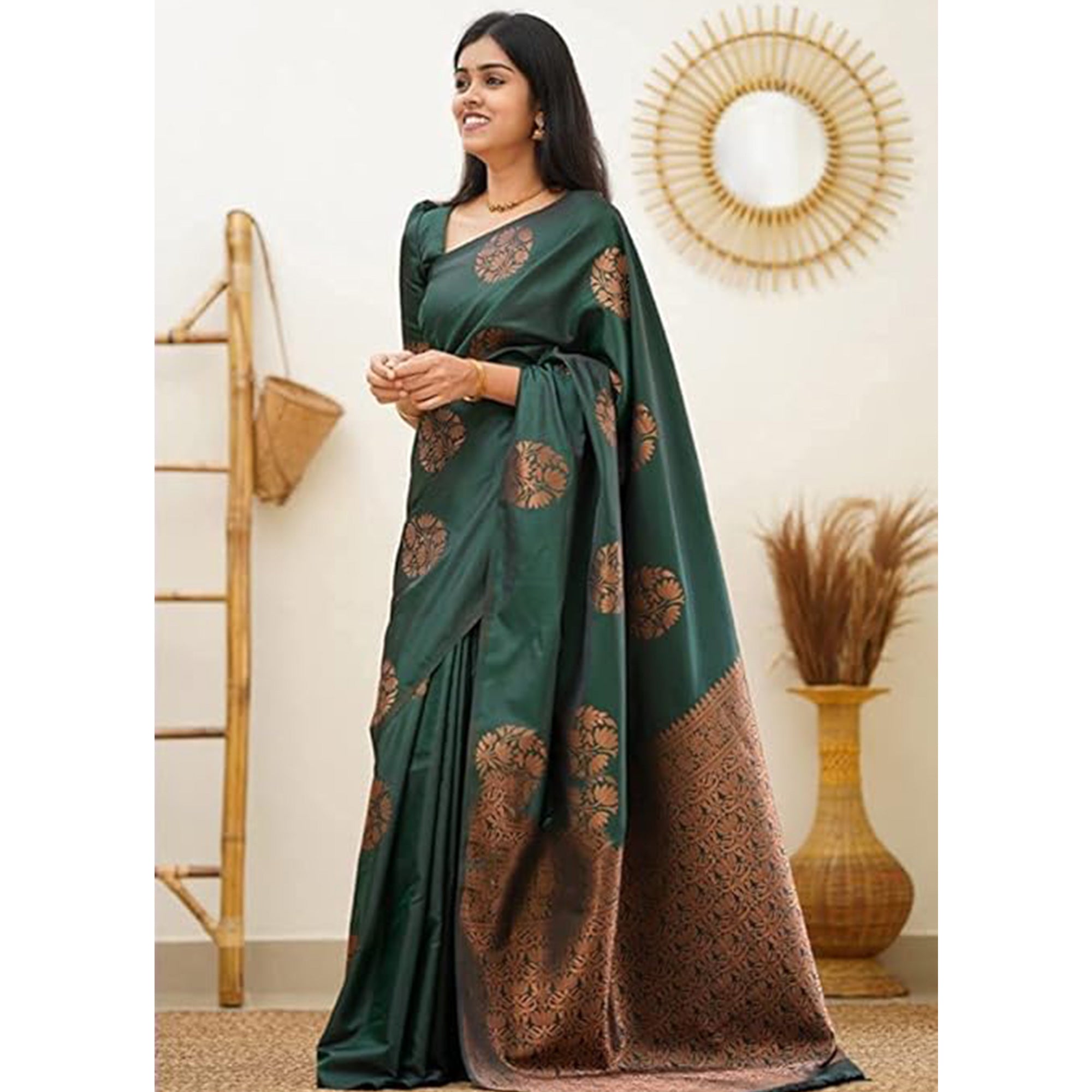 Green Floral Woven Banarasi Silk Saree