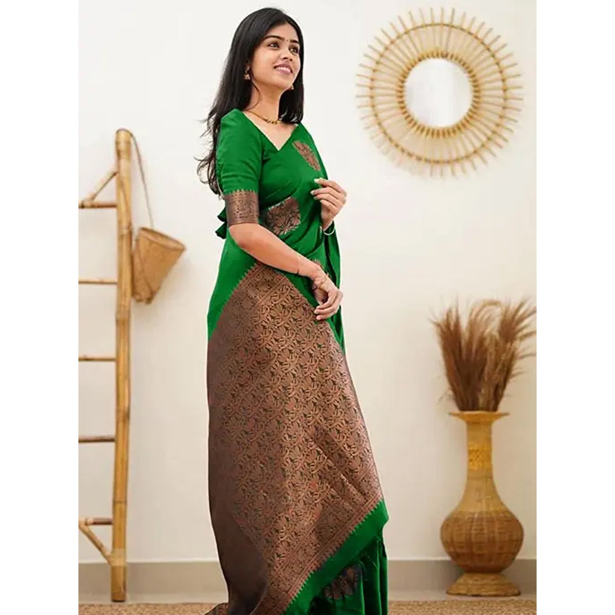 Parrot Green Floral Woven Banarasi Silk Saree