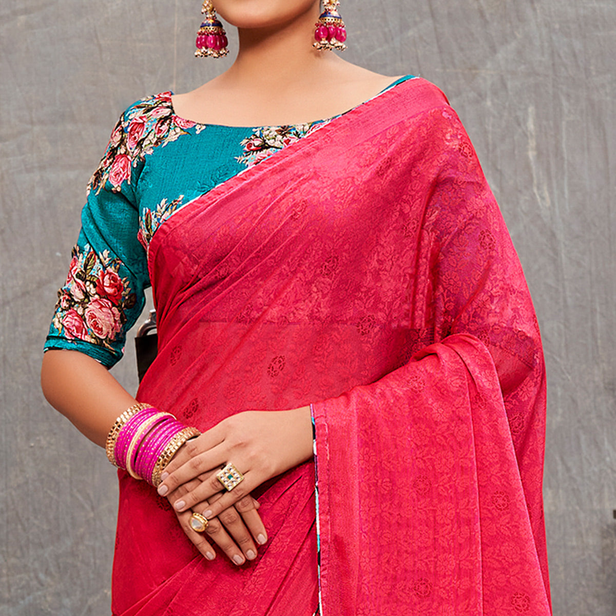 Pink Floral Printed Brasso Saree