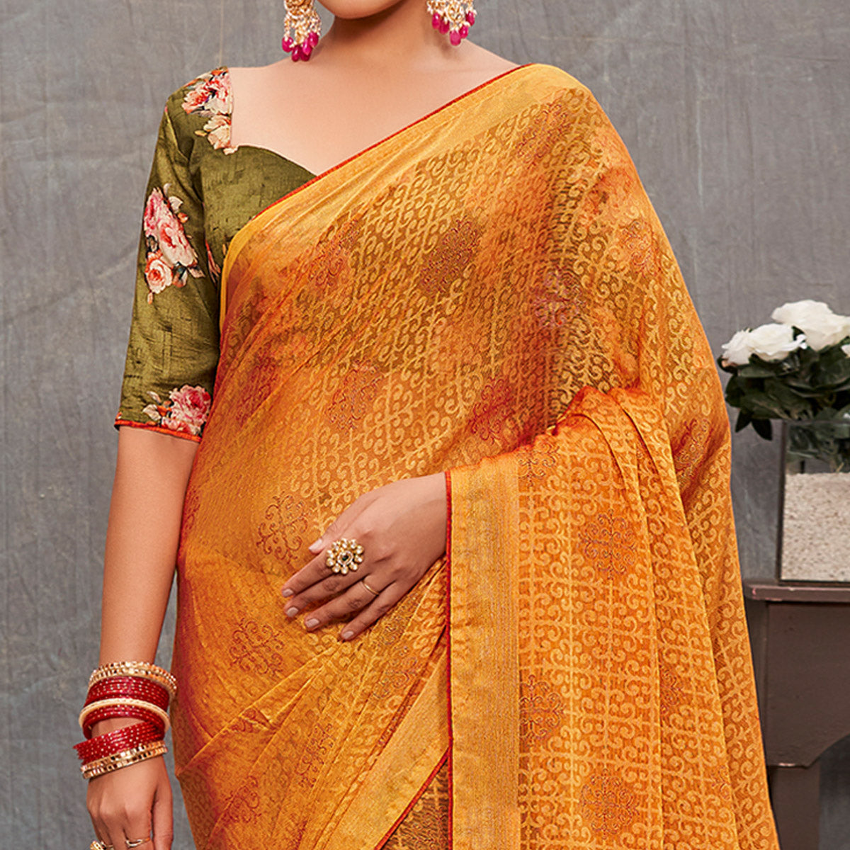 Mustard Printed Brasso Saree