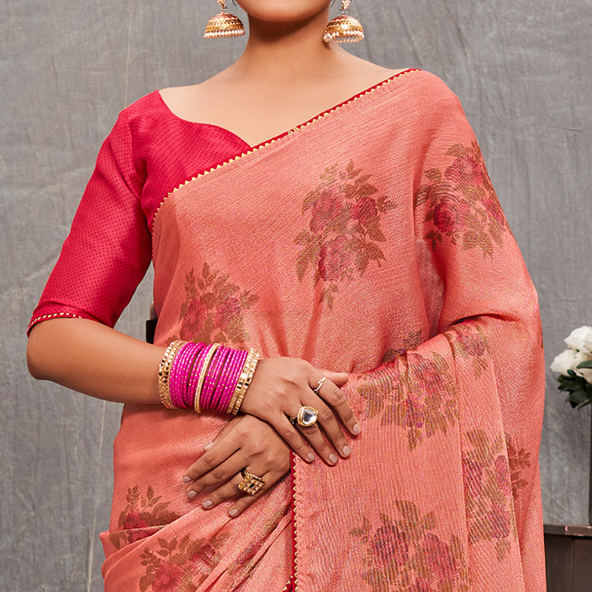 Peach Floral Printed Brasso Saree