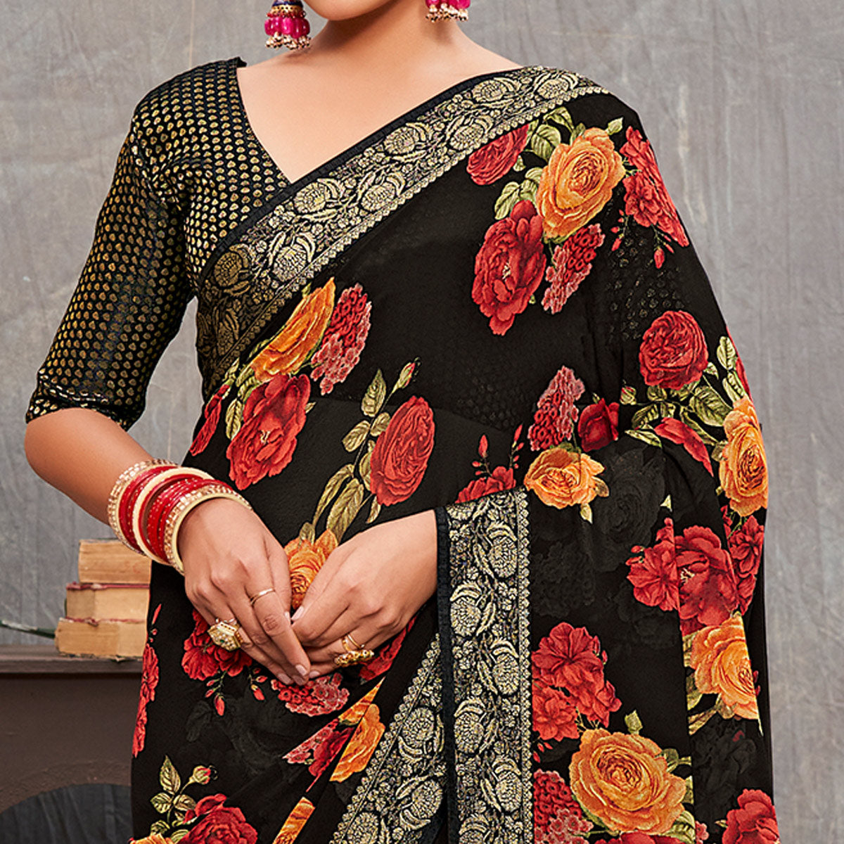 Black Floral Printed Georgette Saree