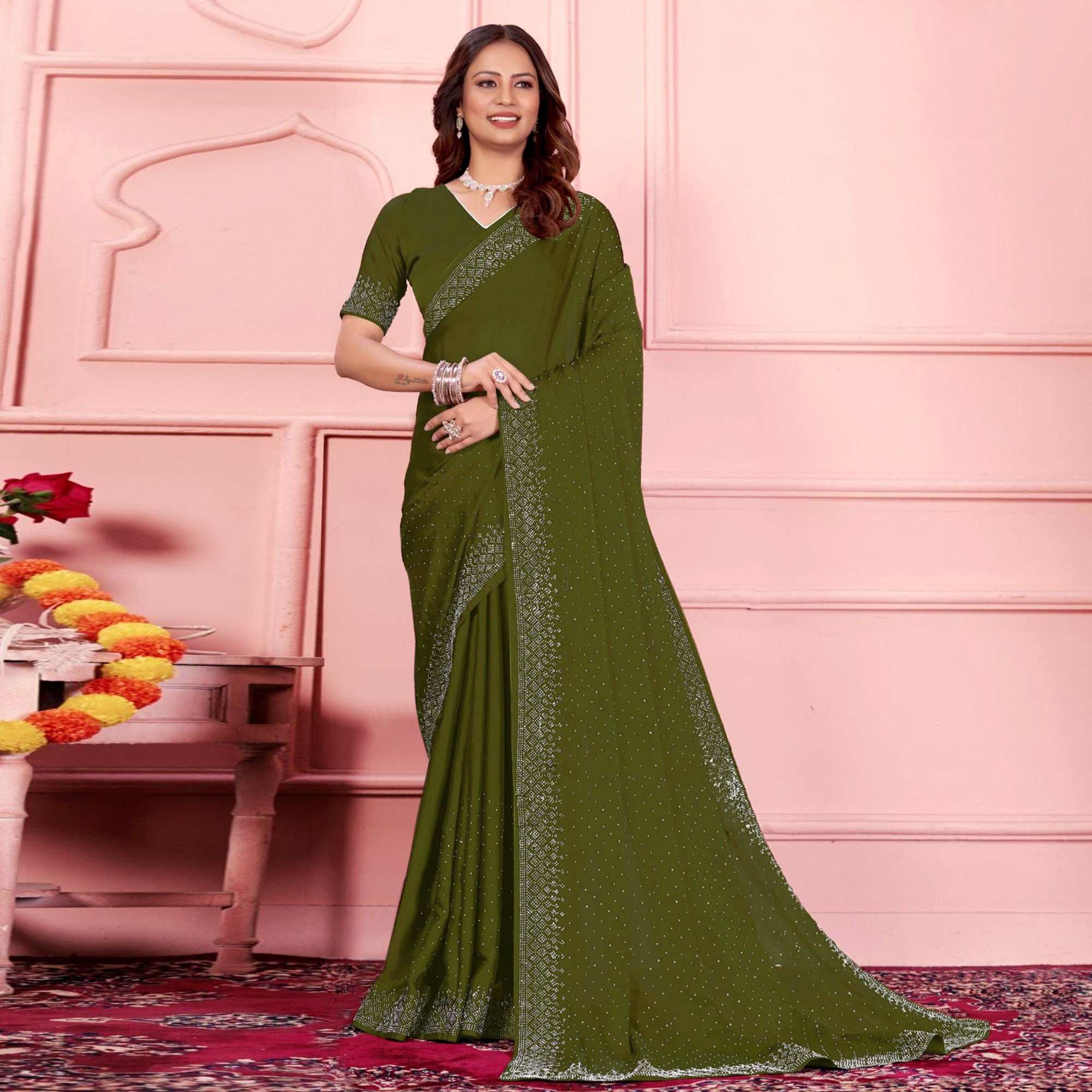 Mehendi Green Swarovski Work Satin Saree