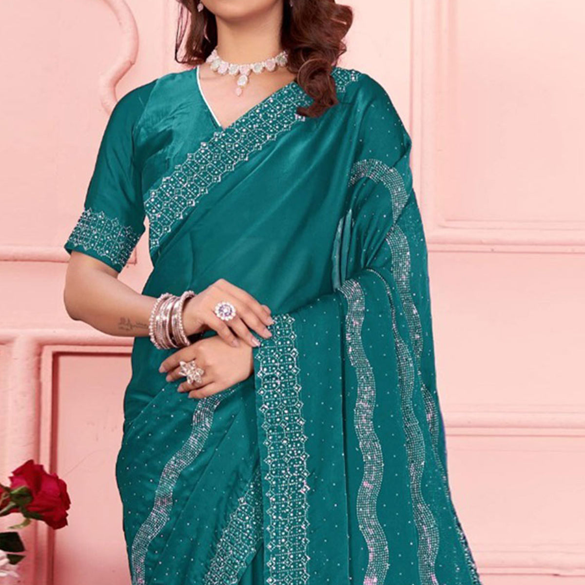 Rama Blue Swarovski Work Satin Saree