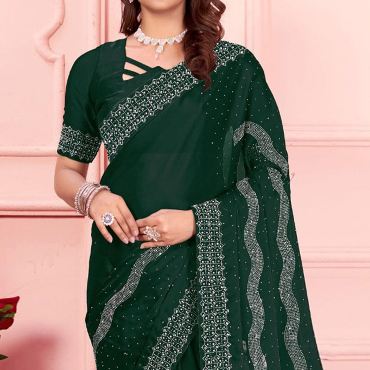 Green Swarovski Work Satin Saree