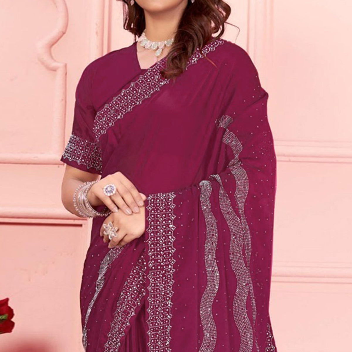 Rani Pink Swarovski Work Satin Saree