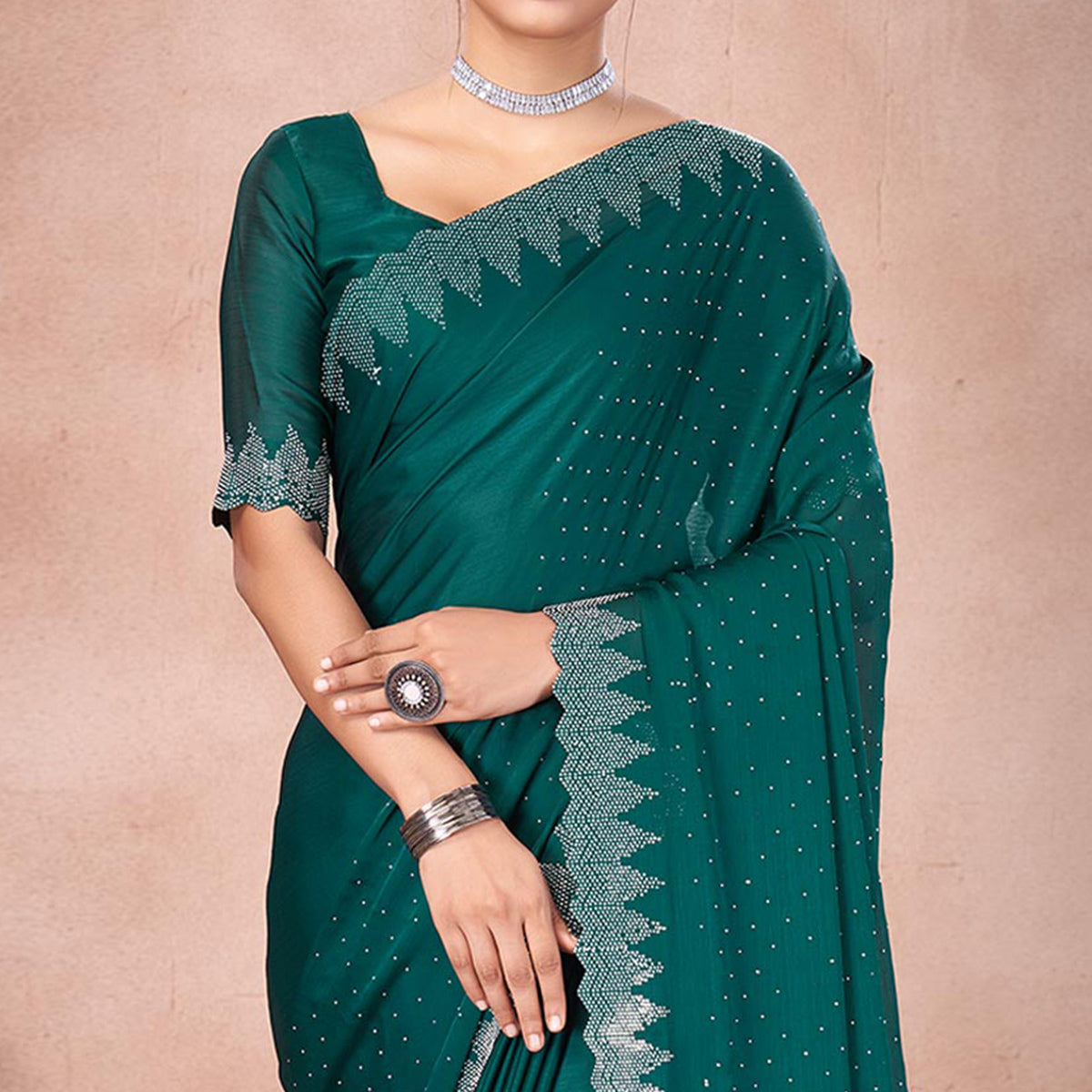 Rama Green Swarovski Work Satin Saree