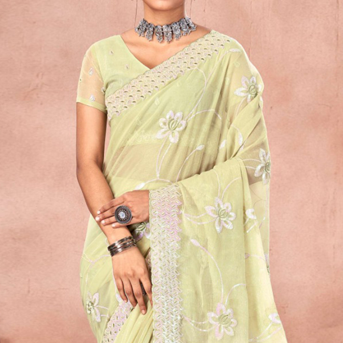 Pista Green Floral Sequins Embroidered Chiffon Saree