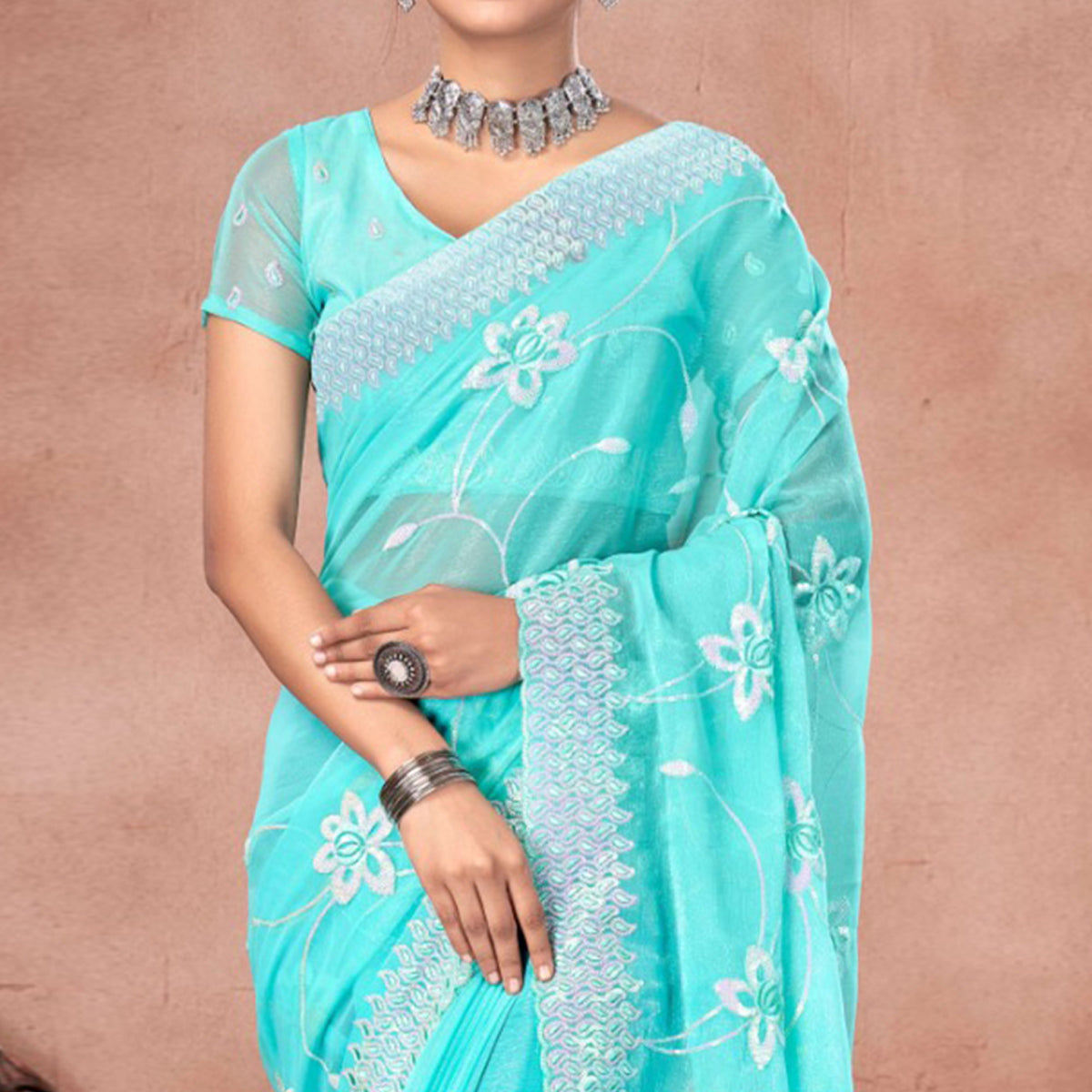 Blue Floral Sequins Embroidered Chiffon Saree