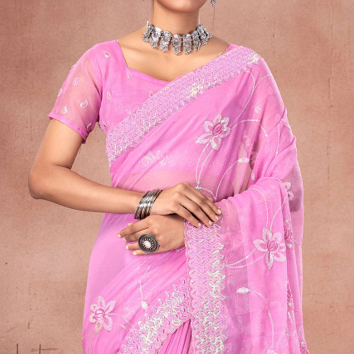 Pink Floral Sequins Embroidered Chiffon Saree