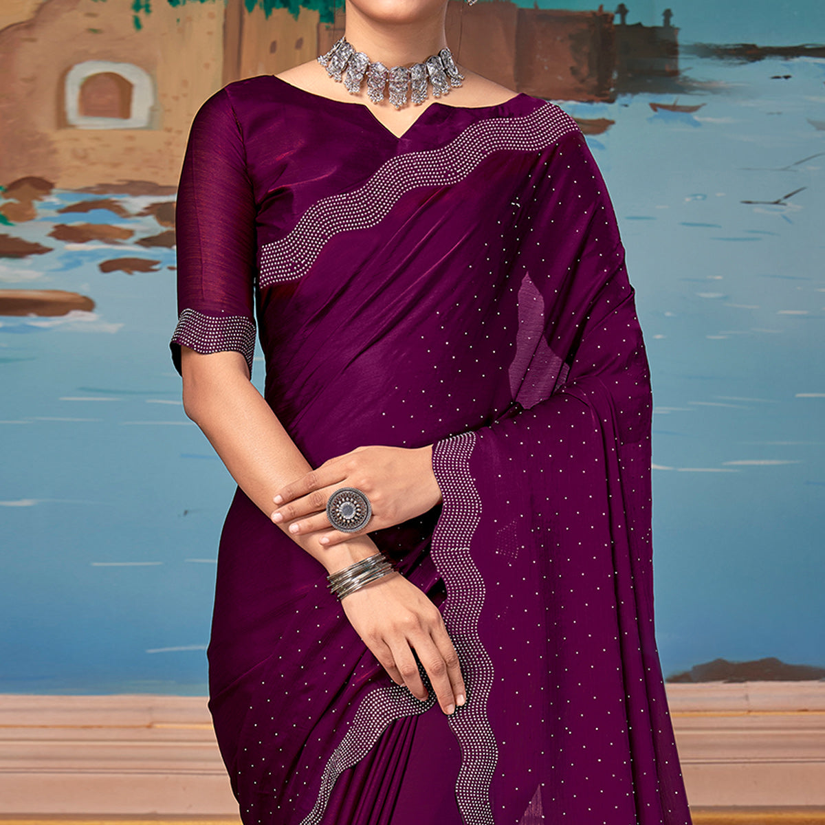 Wine Swarovski Work Satin Saree