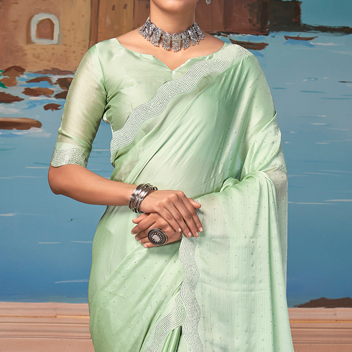 Pista Green Swarovski Work Satin Saree