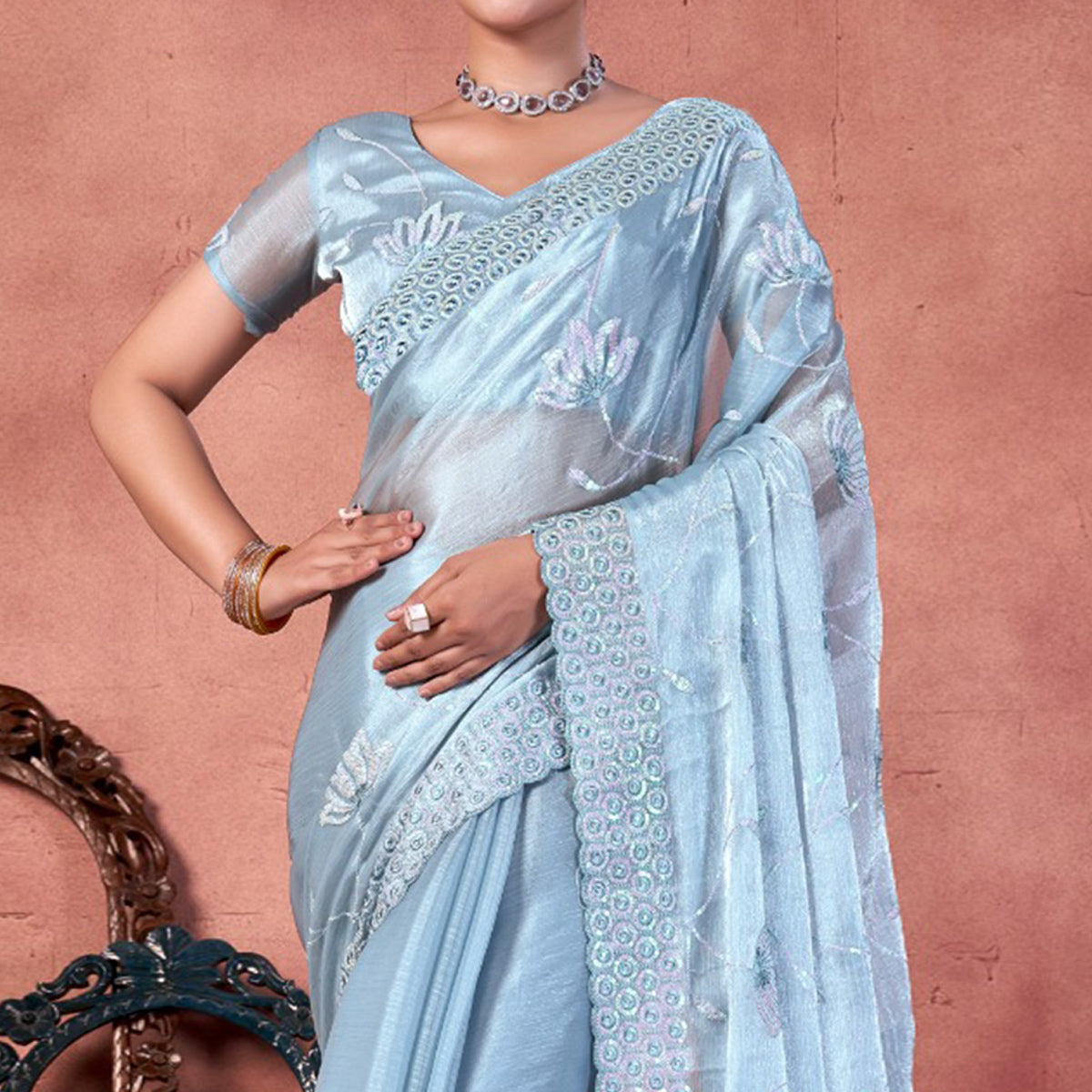 Greyish Blue Floral Sequins Embroidered chiffon Saree