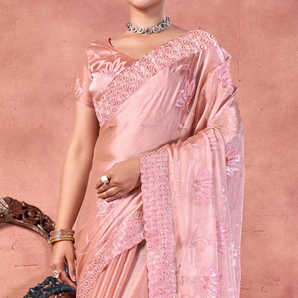 Peach Floral Sequins Embroidered chiffon Saree