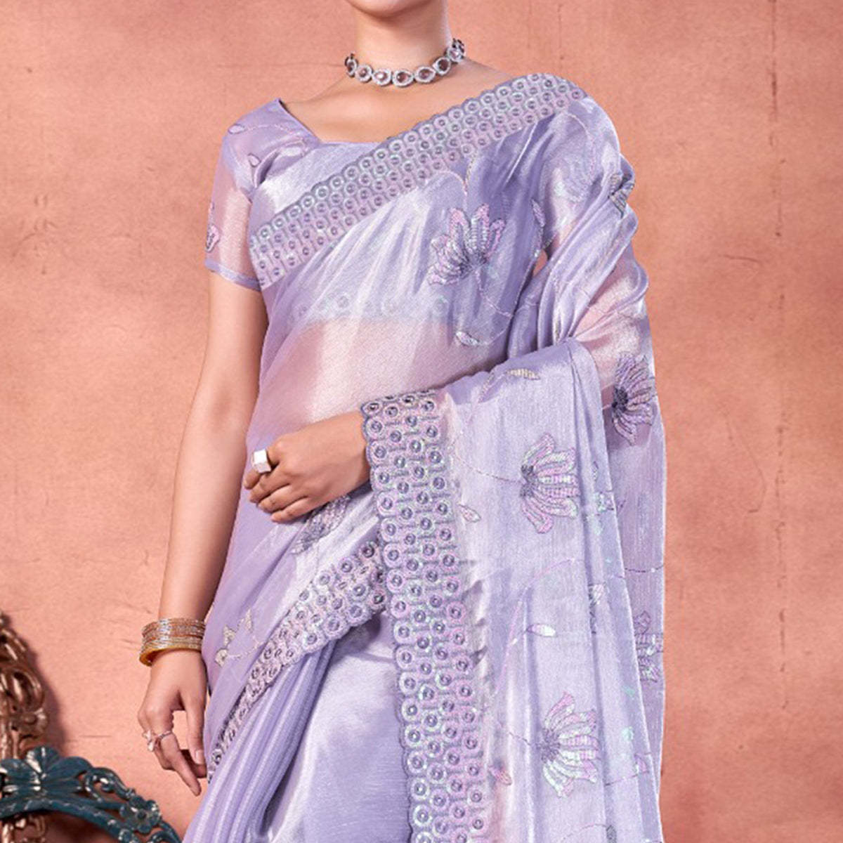Lavender Floral Sequins Embroidered chiffon Saree