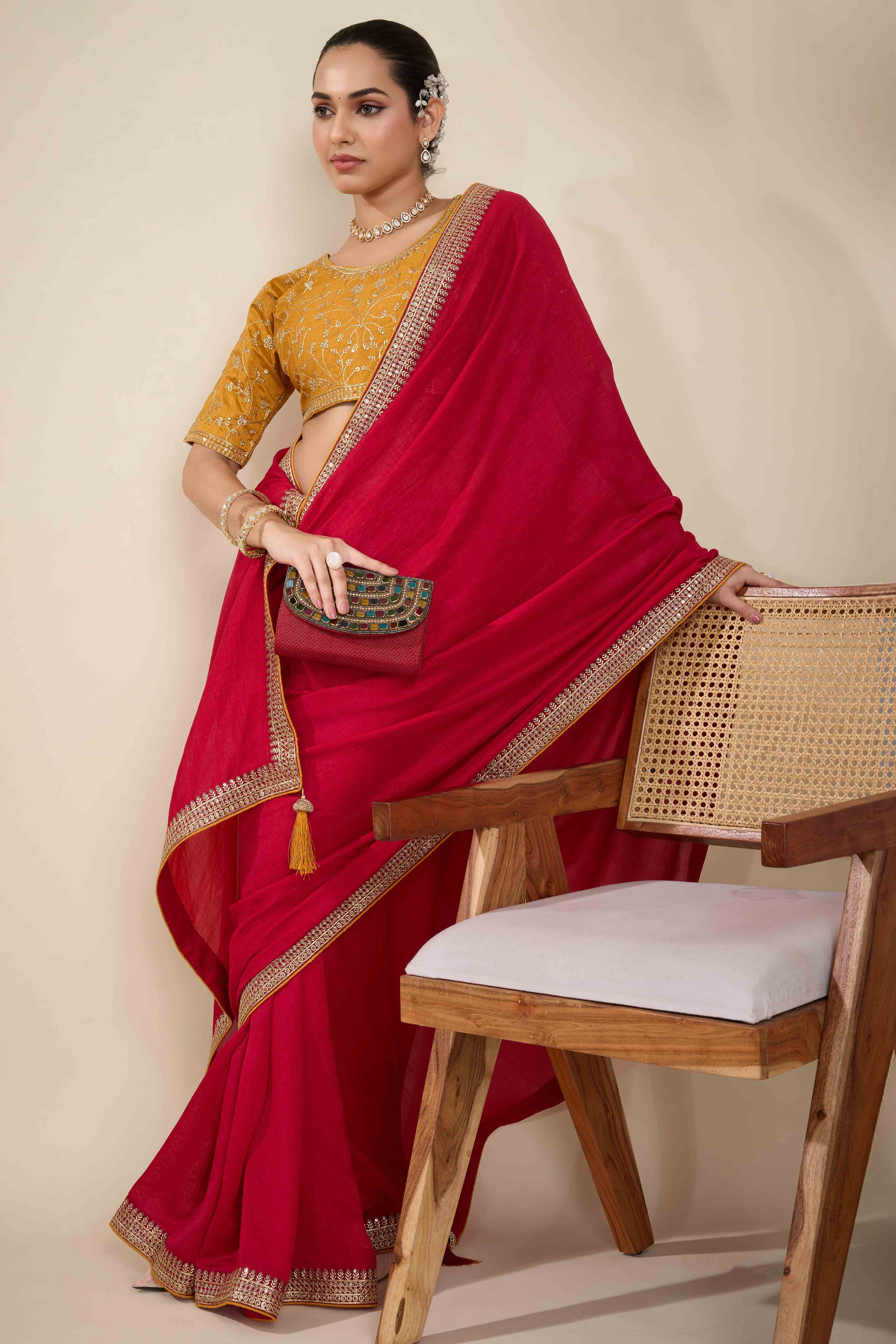 Graceful Vichitra Silk Saree in Cherry Red with Embroidered Bordering