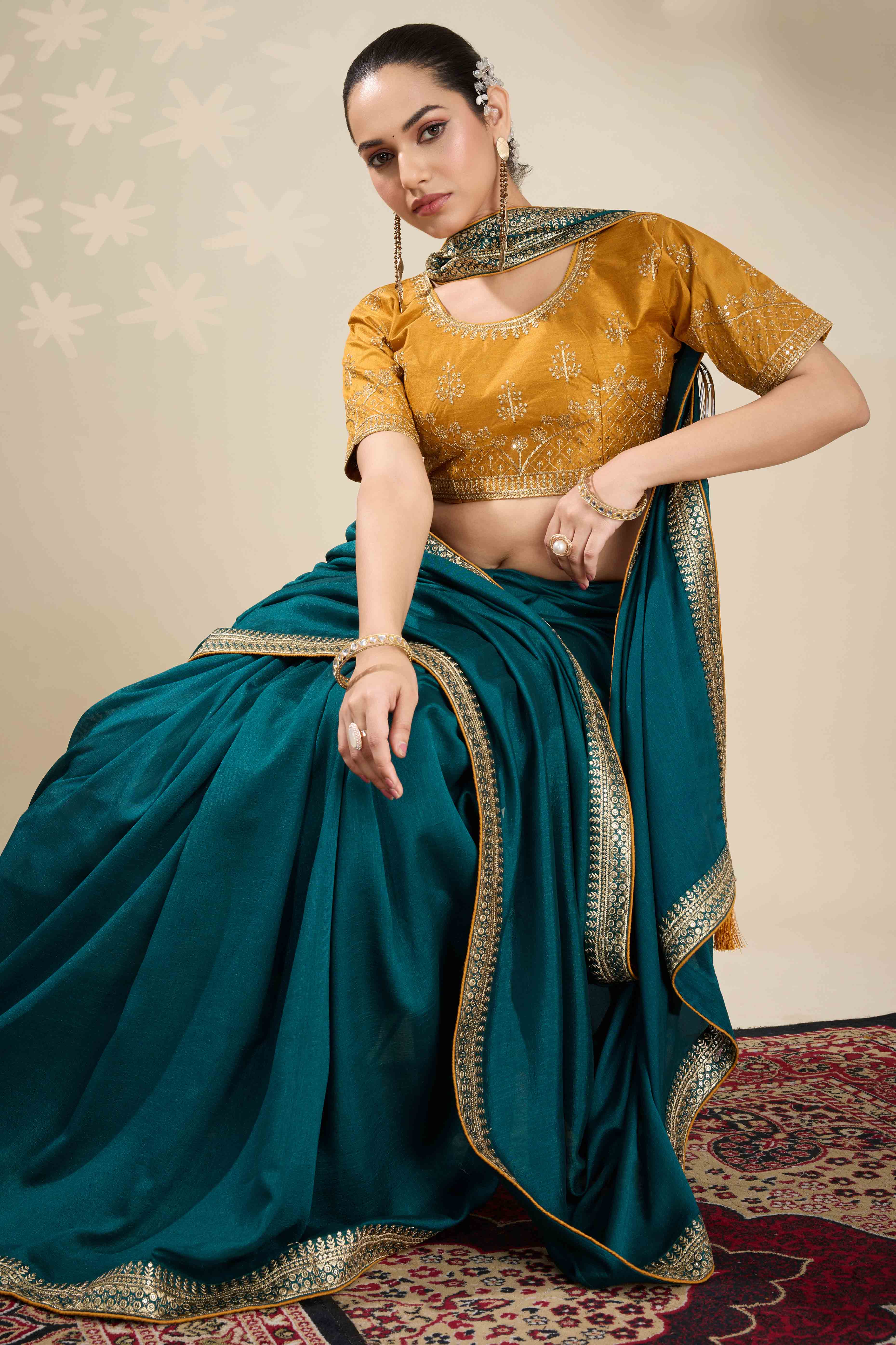 Graceful Vichitra Silk Saree in Teal with Embroidered Bordering