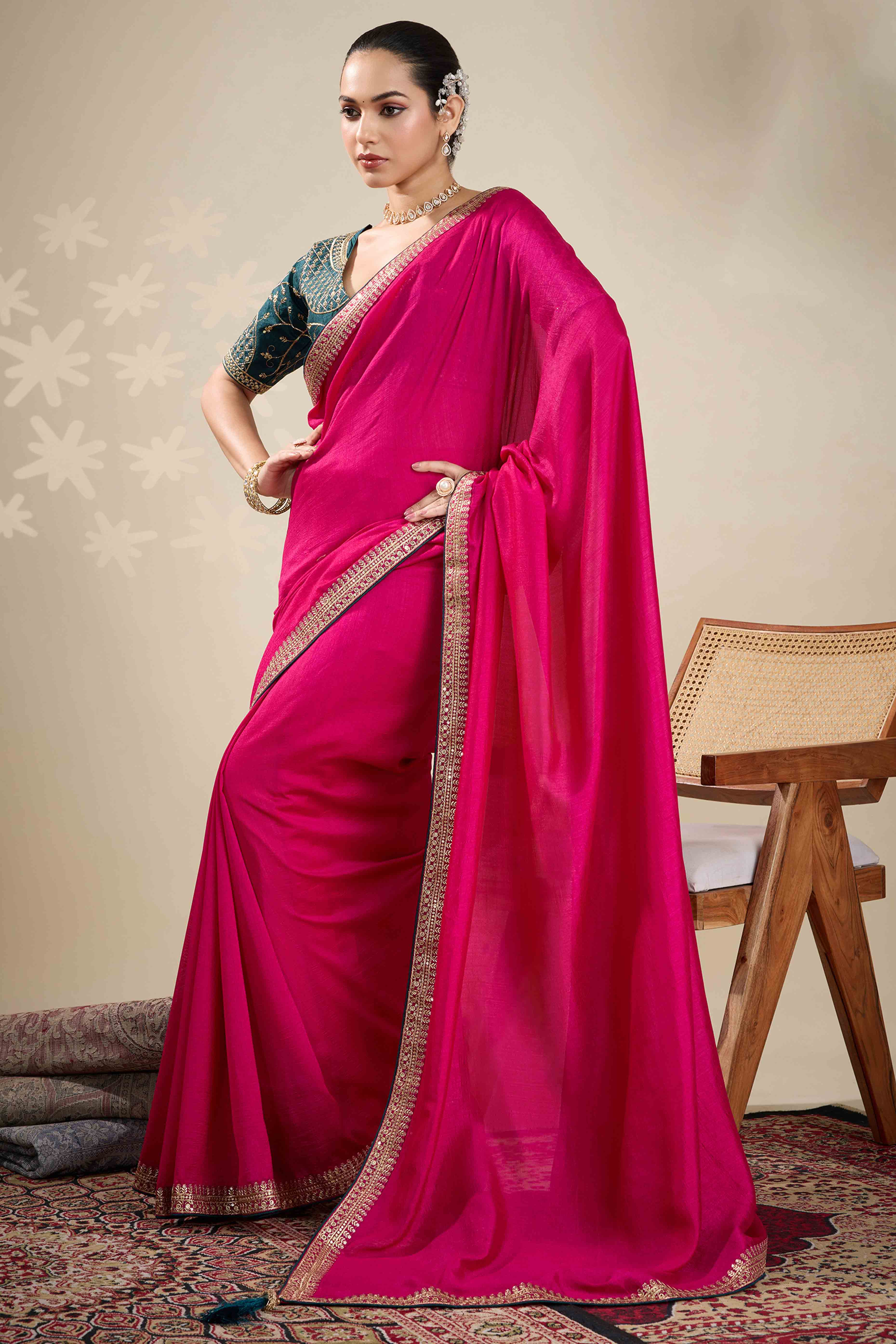 Graceful Vichitra Silk Saree in Pink with Embroidered Bordering