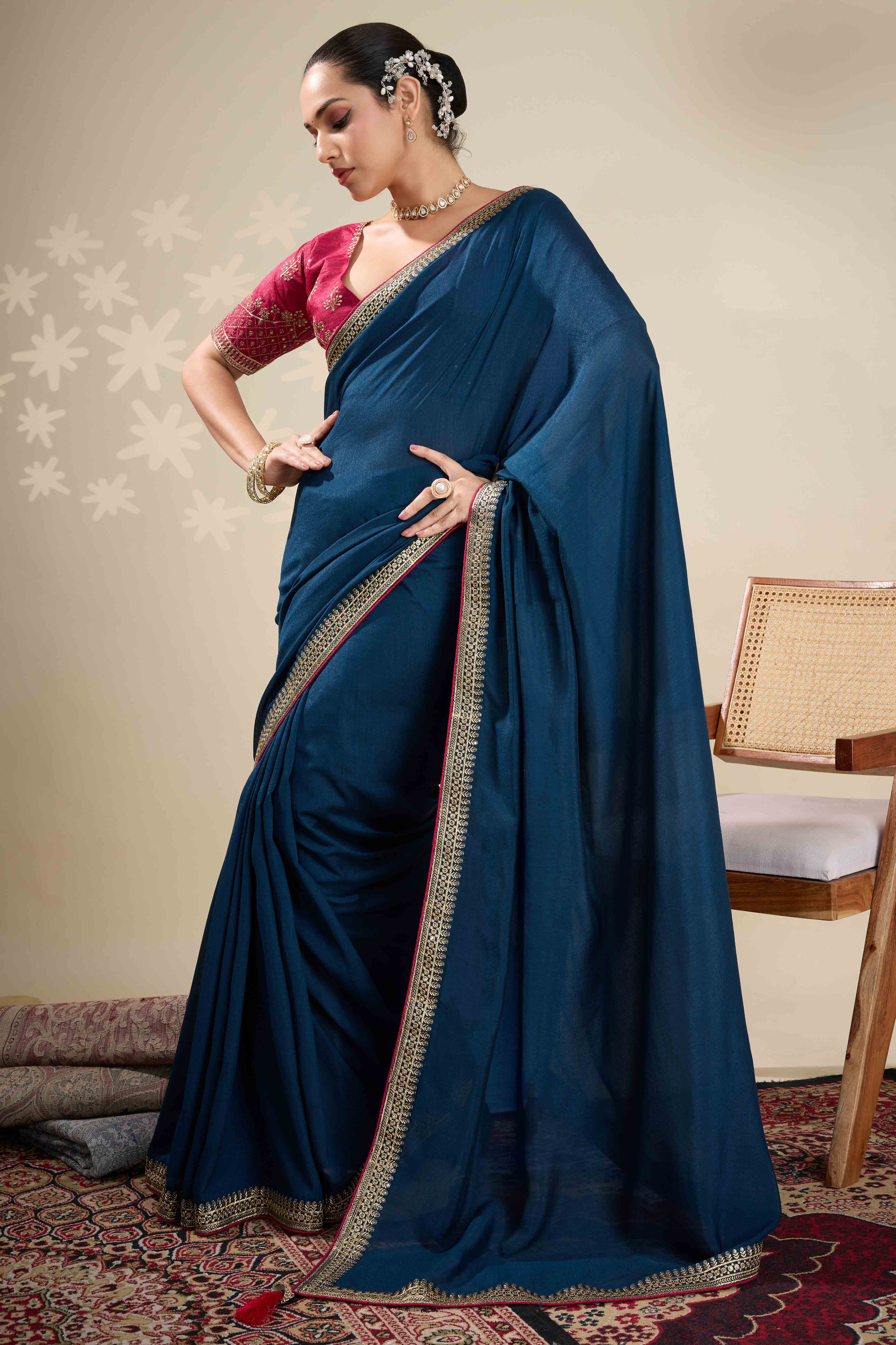 Graceful Vichitra Silk Saree in Navy Blue with Embroidered Bordering