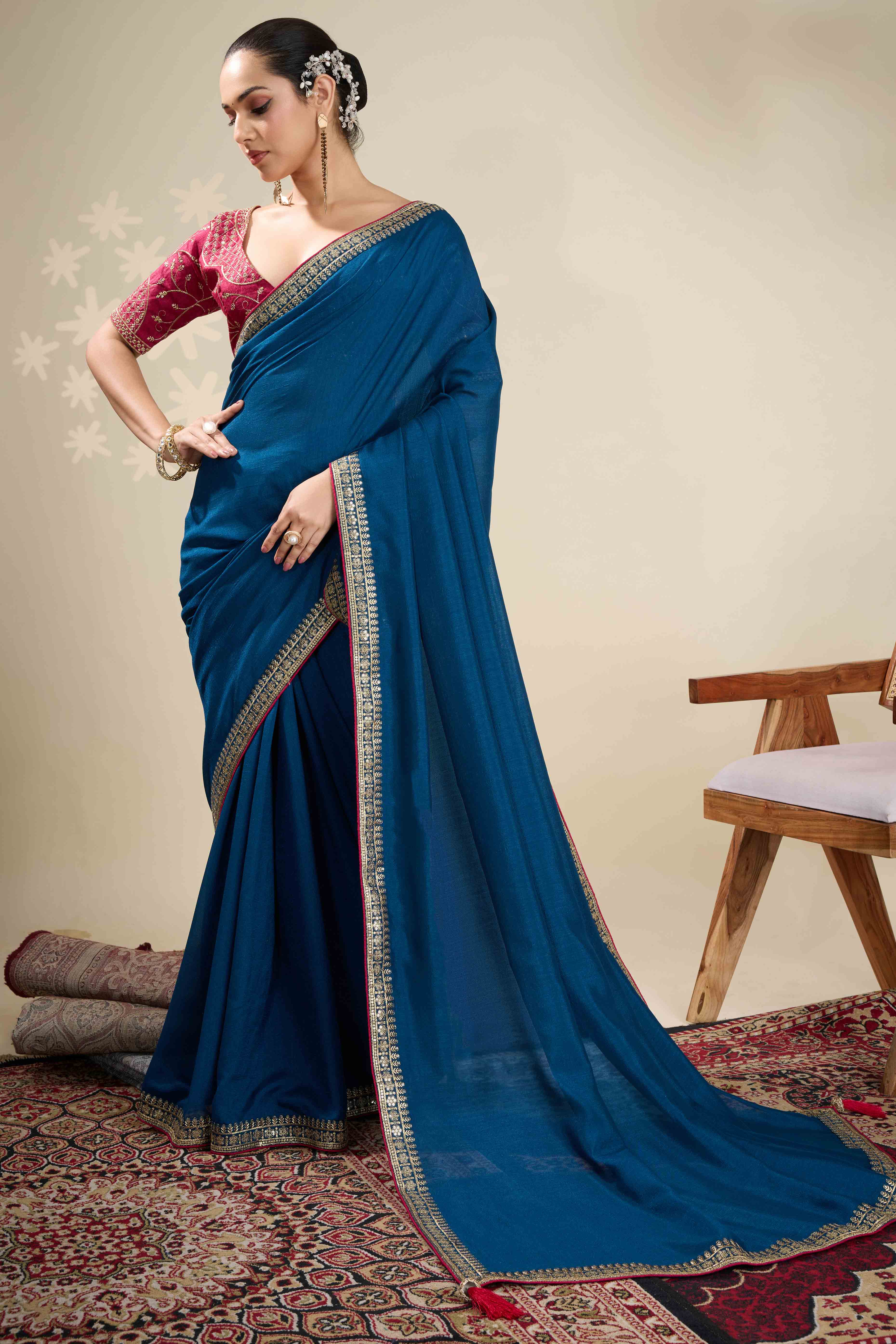 Graceful Vichitra Silk Saree in Blue with Embroidered Bordering