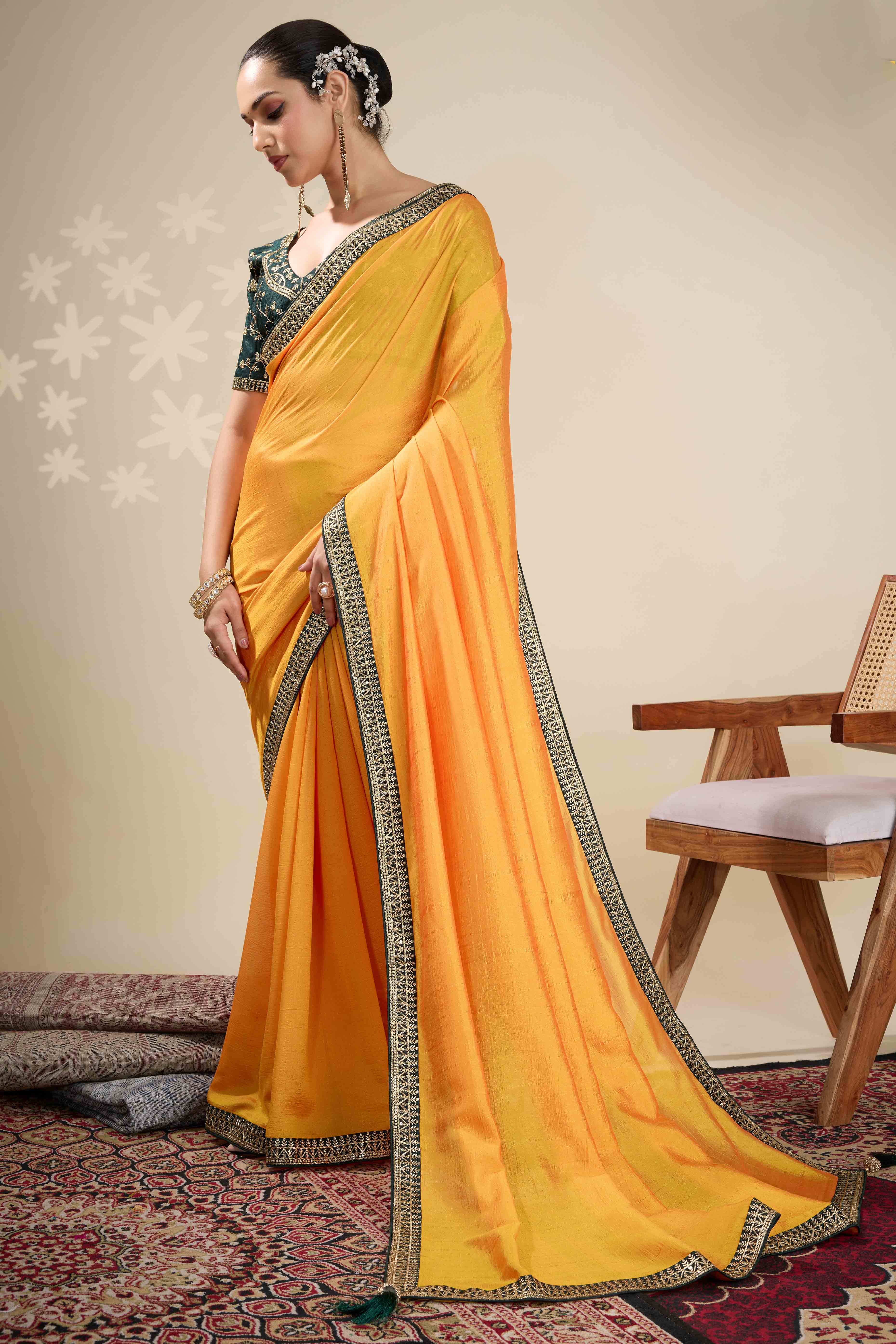 Graceful Vichitra Silk Saree in Yellow with Embroidered Bordering
