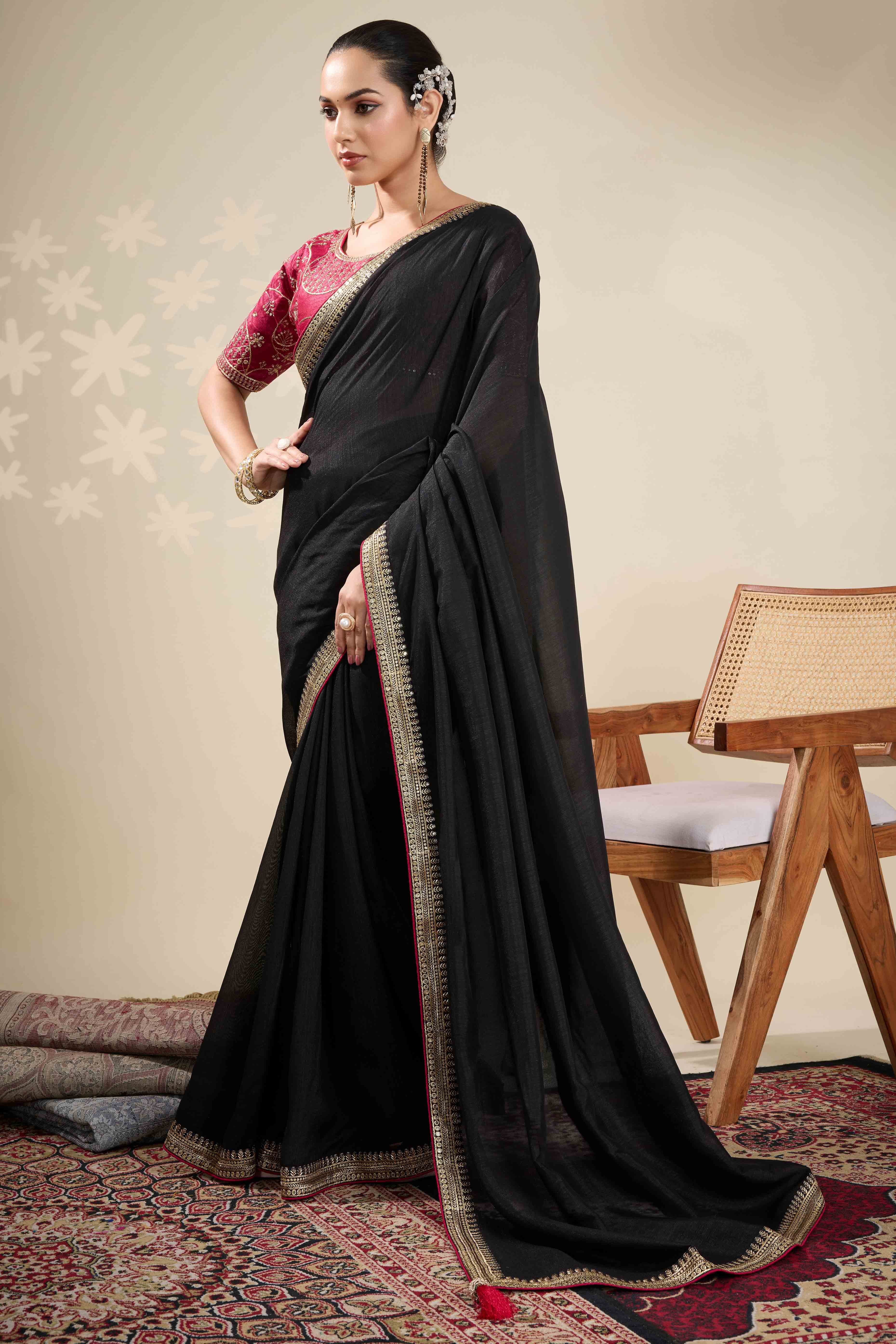 Graceful Vichitra Silk Saree in Black with Embroidered Bordering