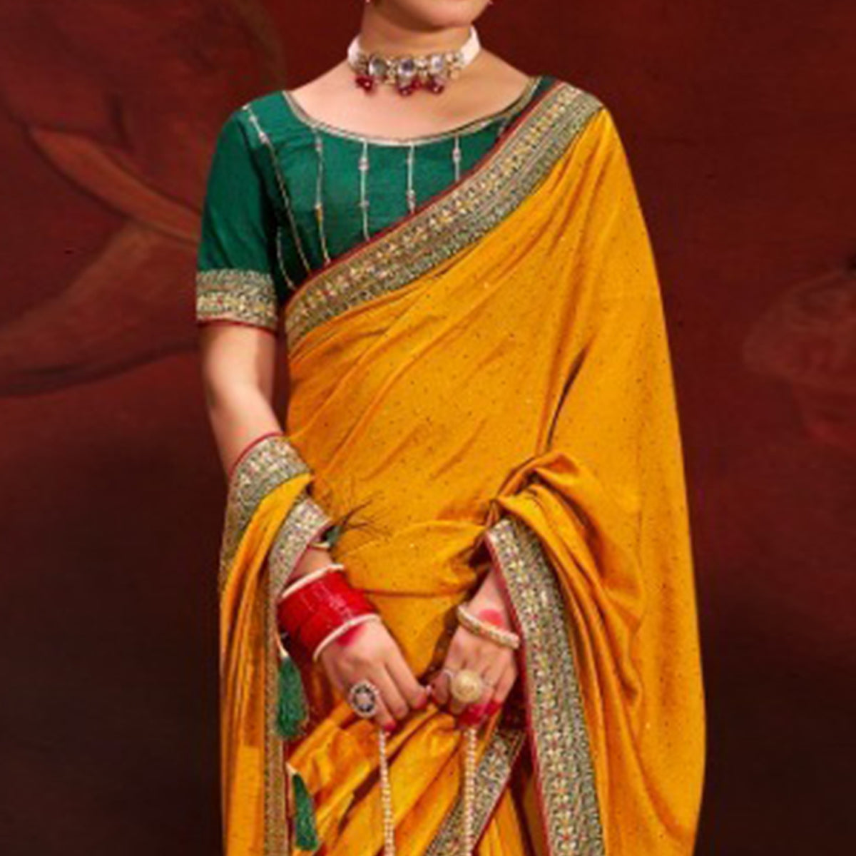 Mustard Embroidered Vichitra Silk Saree With Tassels