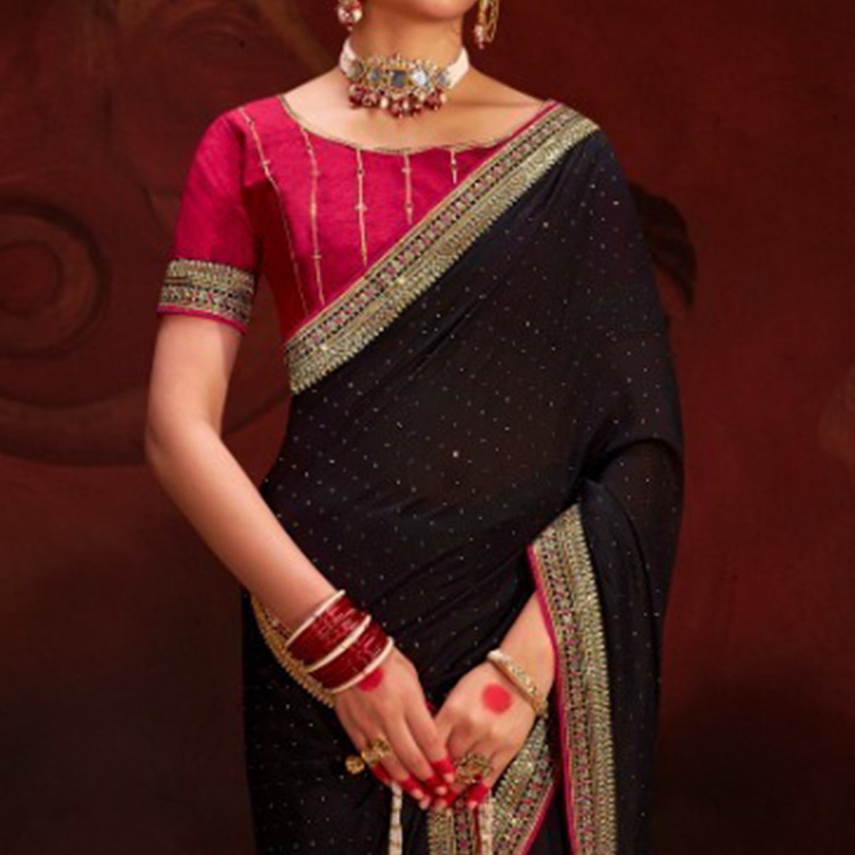 Black Embroidered Vichitra Silk Saree With Tassels