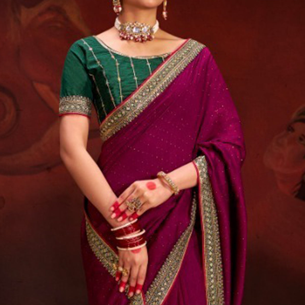 Wine Embroidered Vichitra Silk Saree With Tassels