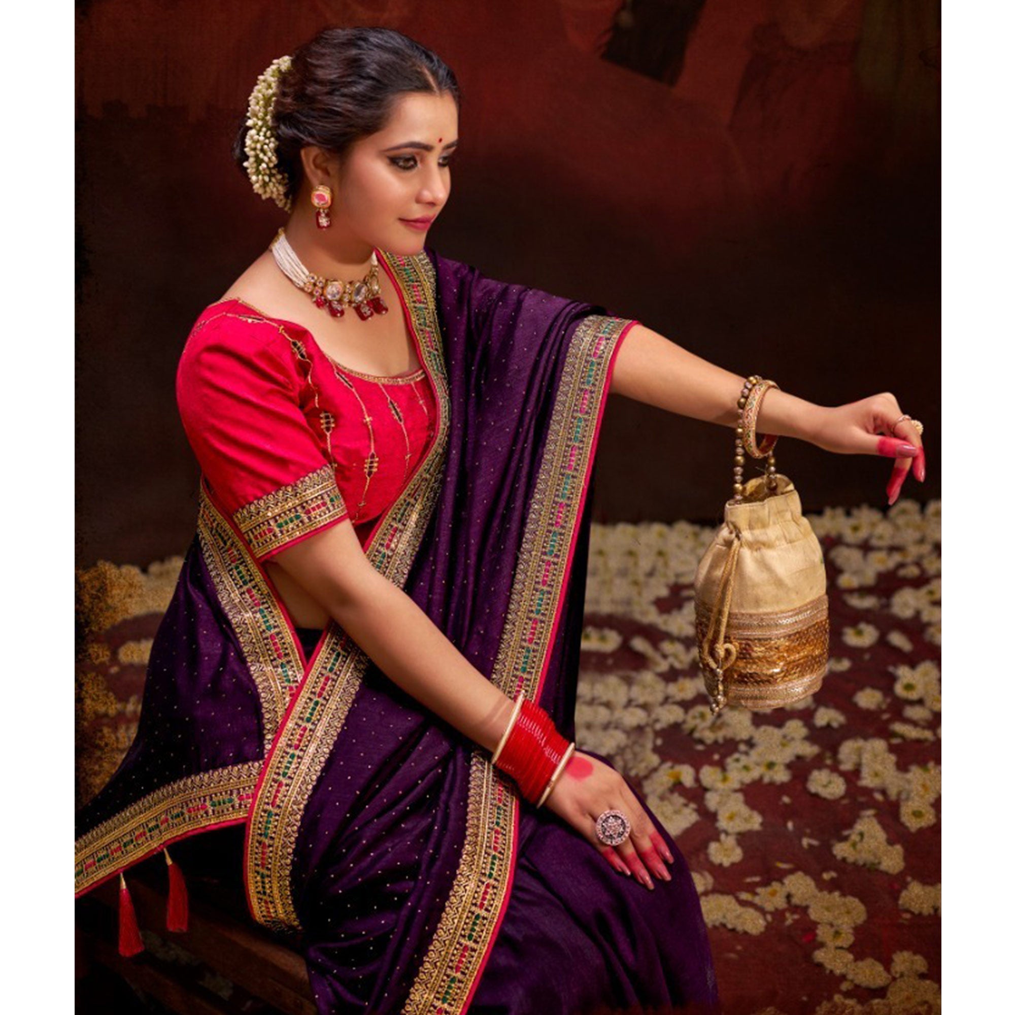 Purple Embroidered Vichitra Silk Saree With Tassels