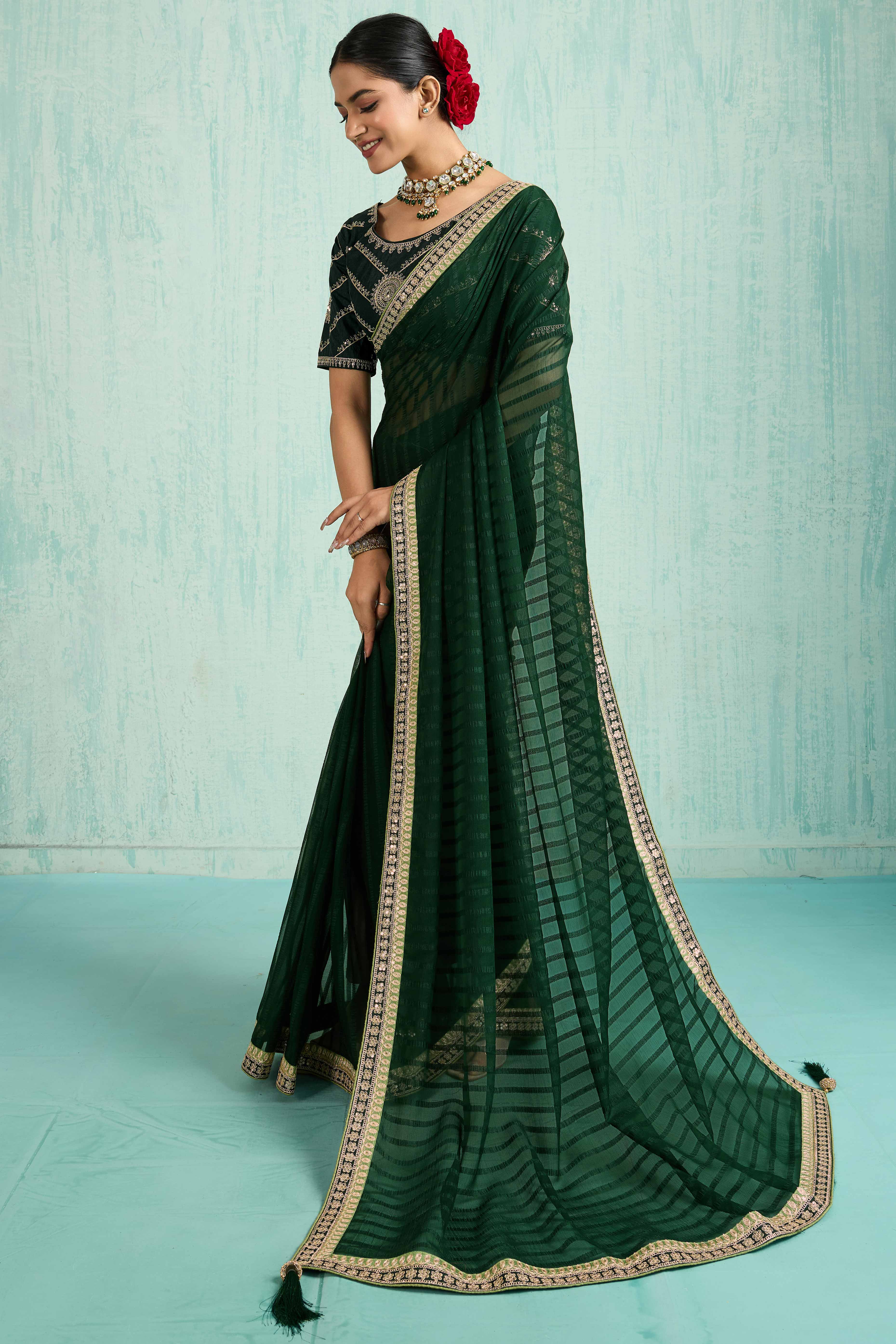 Green Chiffon Saree With Elegant Stripes & Sequins Embroidered Border