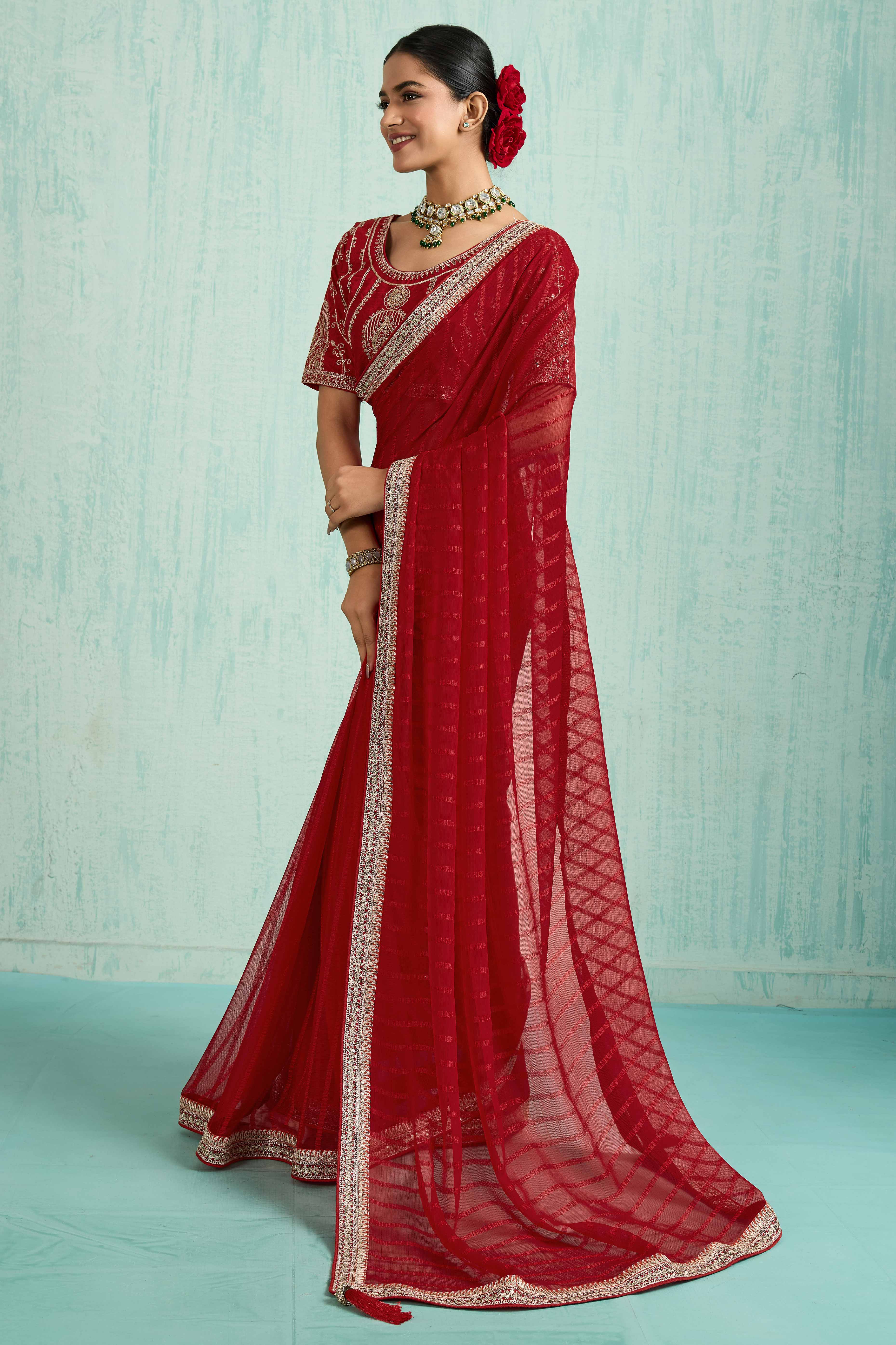 Red Chiffon Saree With Elegant Stripes & Sequins Embroidered Border